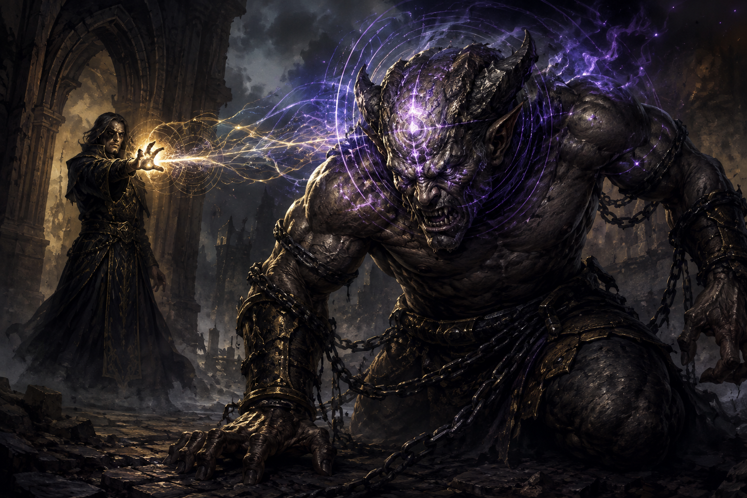 A spellcaster imposing magical domination over a powerful horned monster