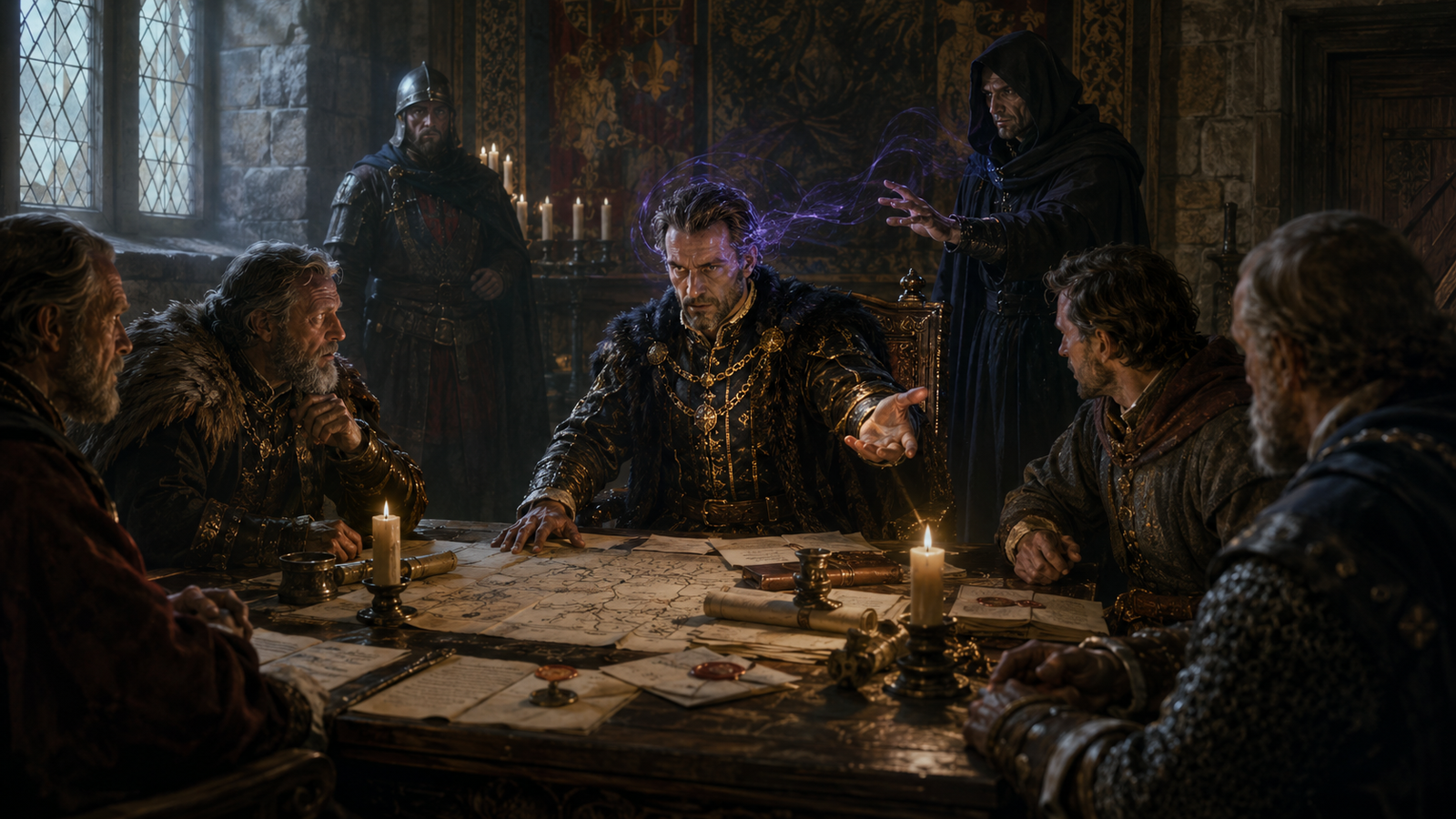 A concealed enchanter magically dominates a noble issuing orders during a tense council in 1454.