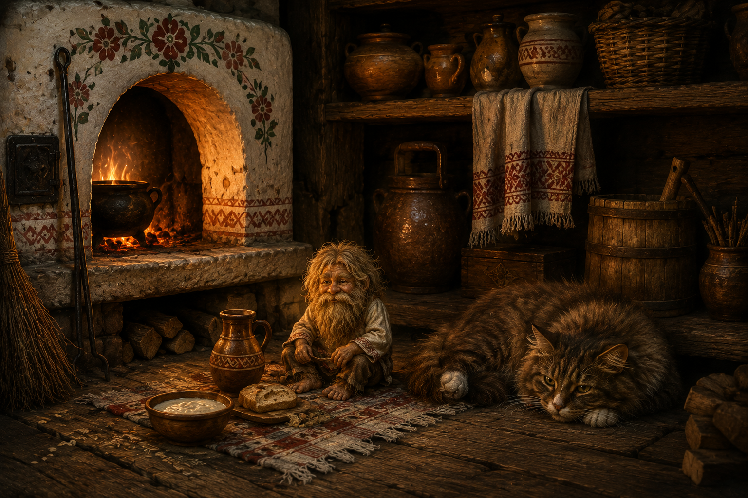 A tiny Domovoi household guardian beside a Slavic hearth with a much larger domestic cat, bread and porridge offerings