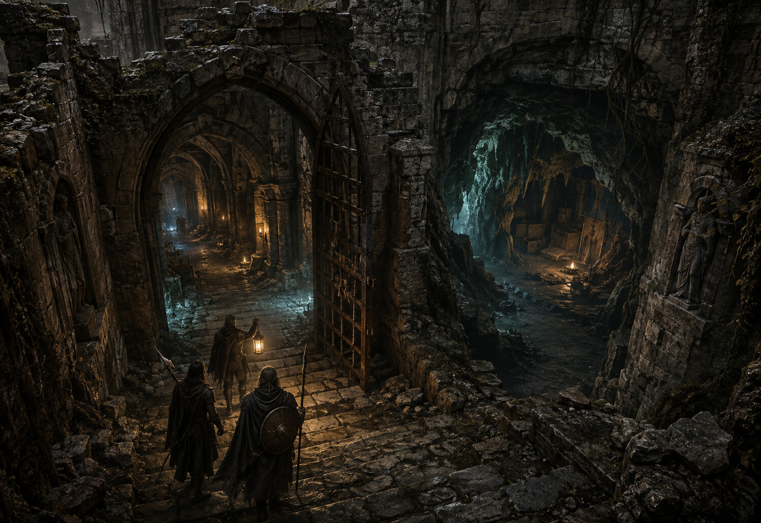 Three adventurers descend into an ancient underground ruin where a vaulted stone passage meets a natural cavern.