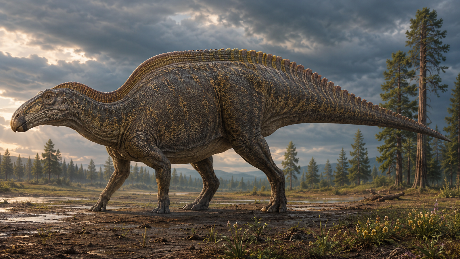 Scientifically informed reconstruction of Edmontosaurus crossing a Late Cretaceous floodplain