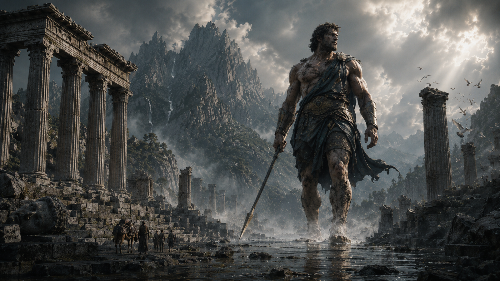 An unnamed Elder Titan carrying a proportionate bronze-headed spear among the ancient ruins and mountains of Pelion