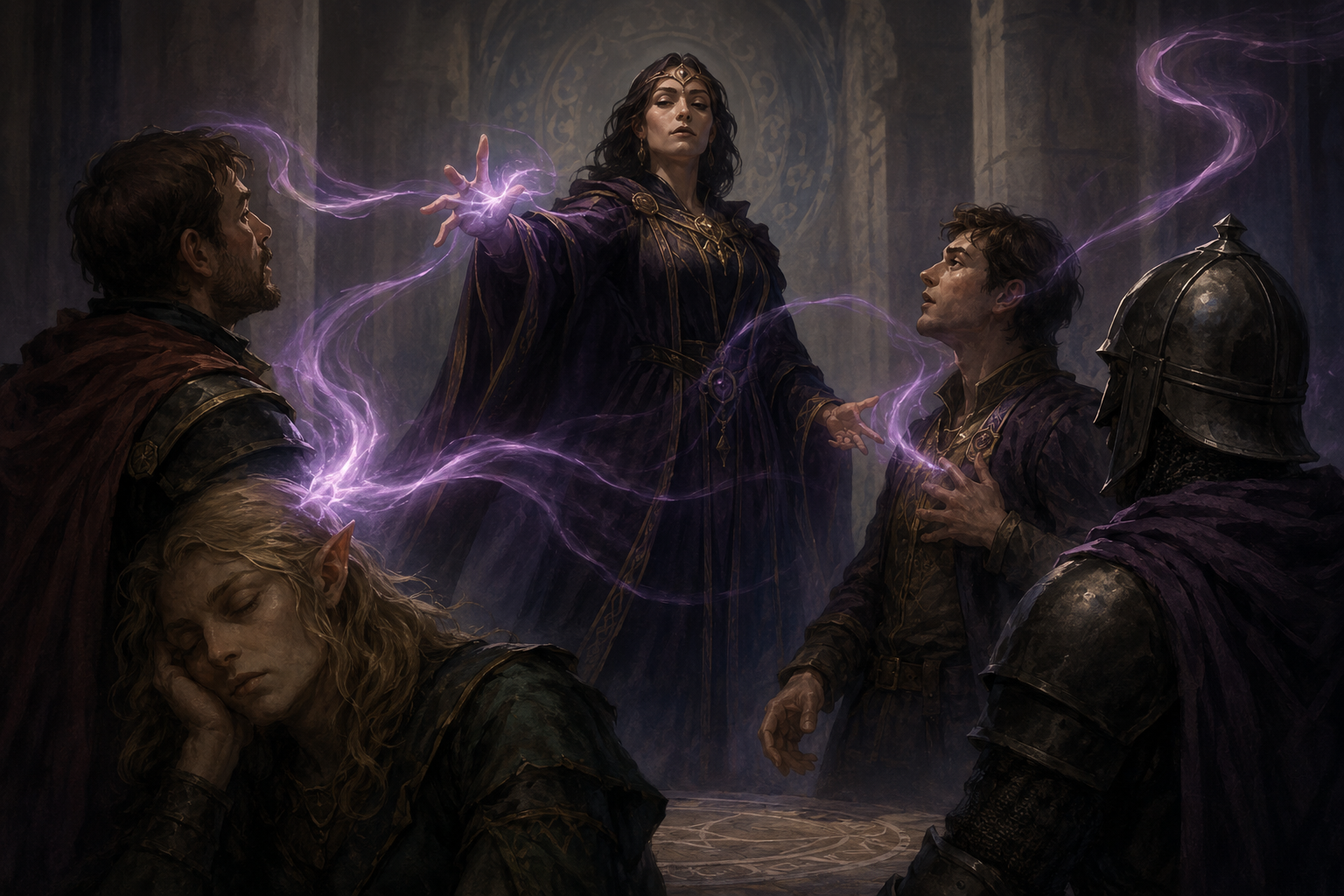 An enchanter exerts charm, command and magical influence over an adventuring company while one warrior resists and an elf falls into supernatural sleep