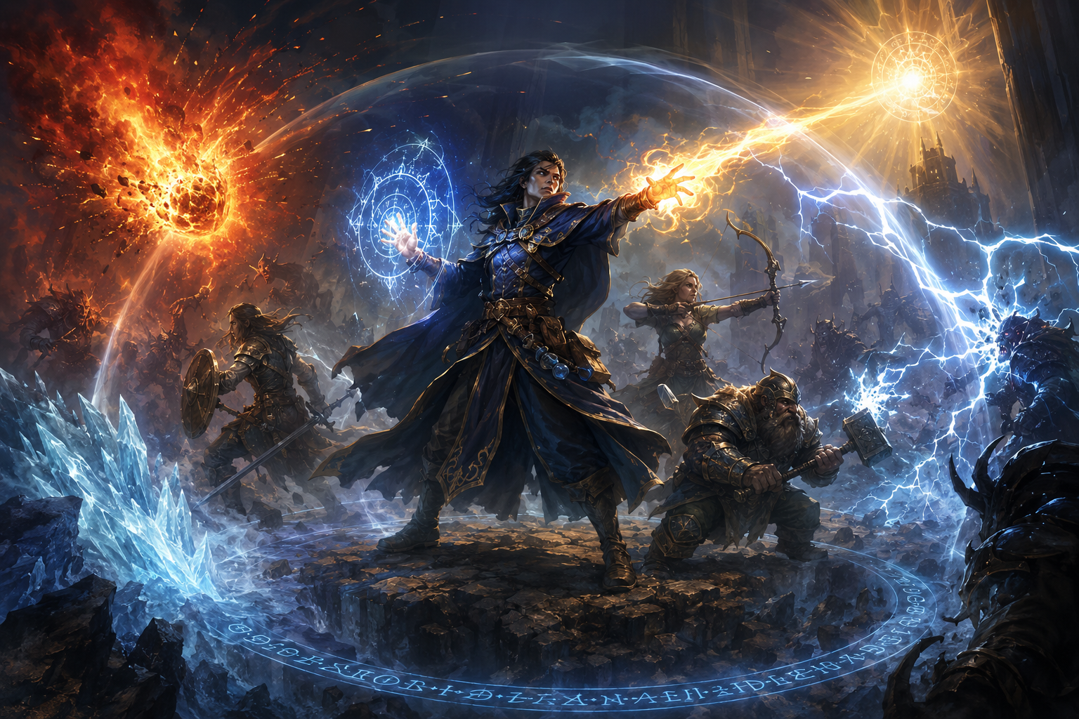 An evoker shapes fire, lightning, cold and translucent force around an adventuring party while leaving allies protected inside the spell's geometry