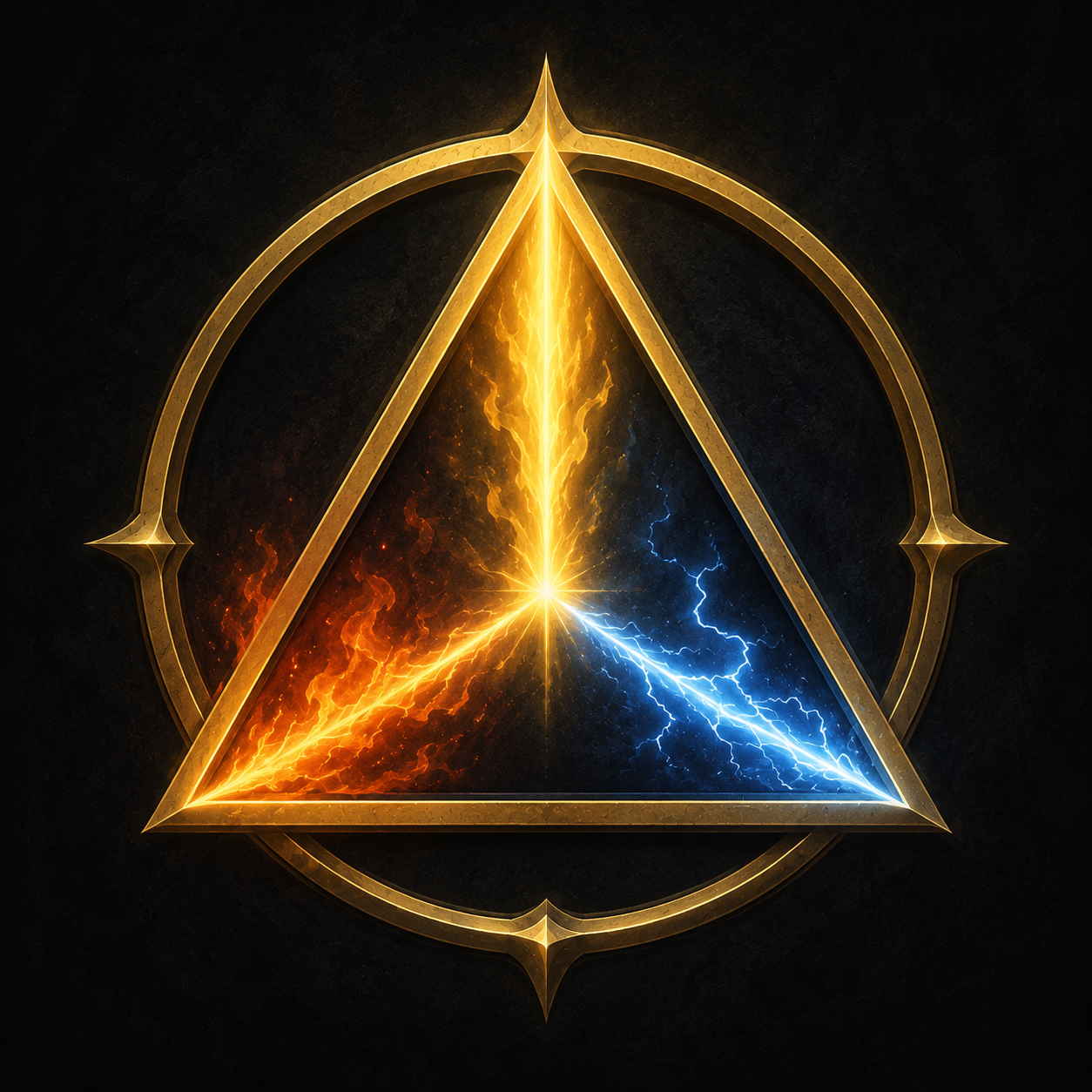Evocation school sigil: a golden triangle containing fire, lightning and radiant energy