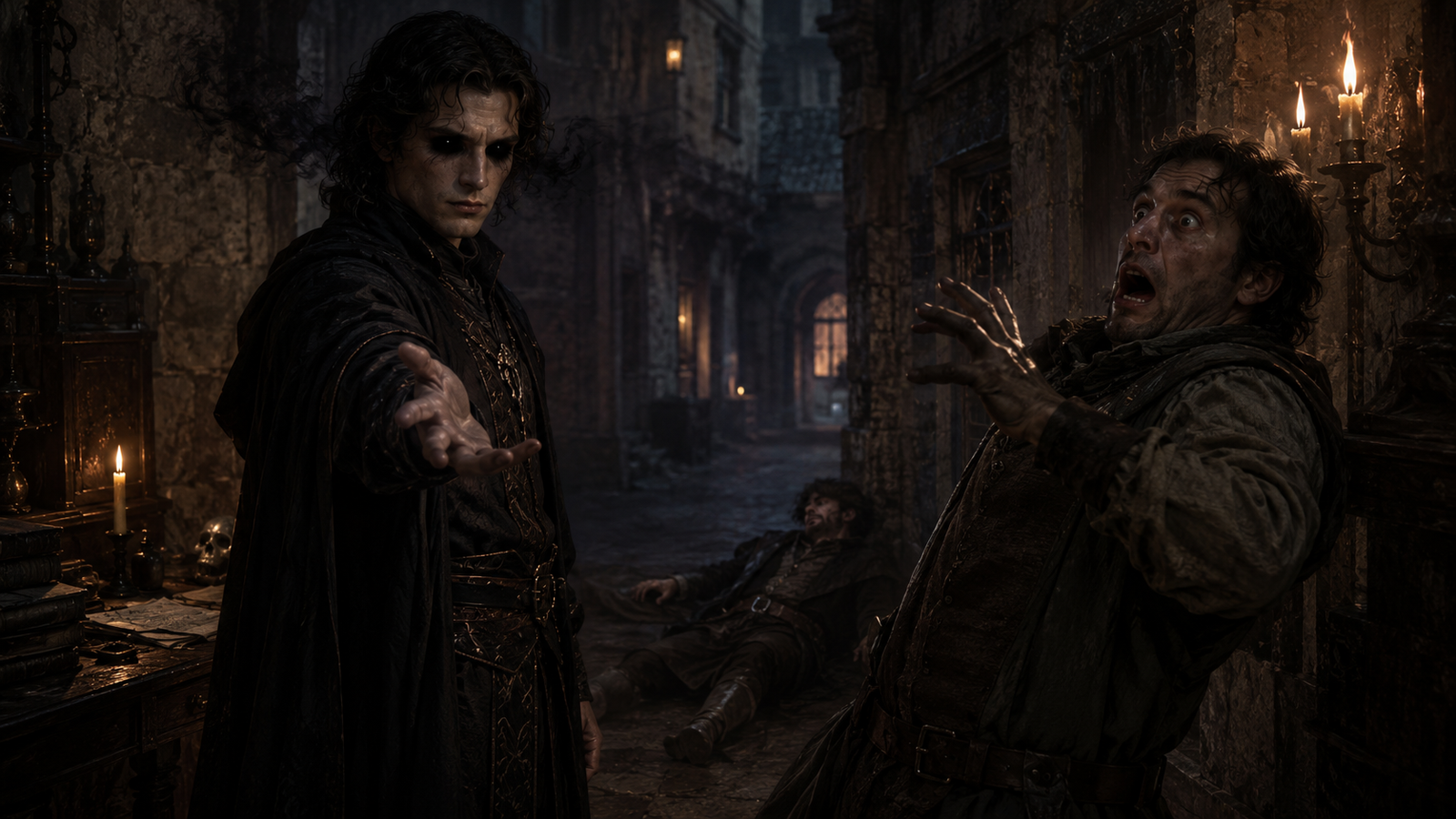 Eyebite spellcaster with inky black eyes terrifying one victim while another lies overcome in a candlelit medieval corridor