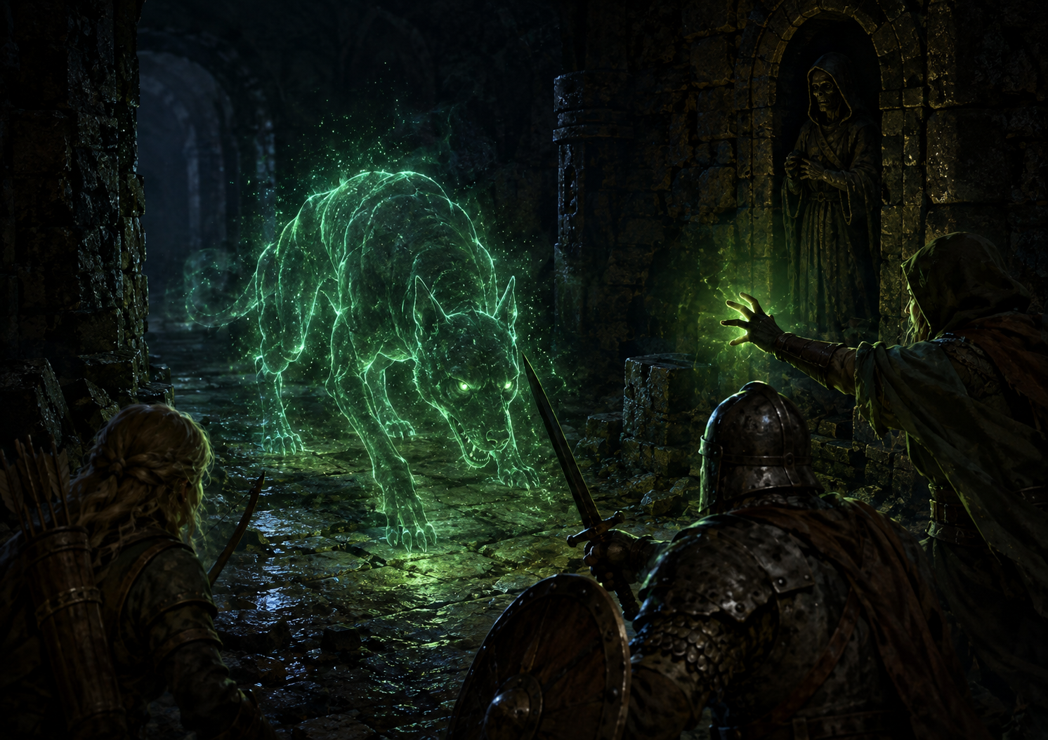 Adventurers use green Faerie Fire to reveal an otherwise invisible hound in a ruined dungeon.