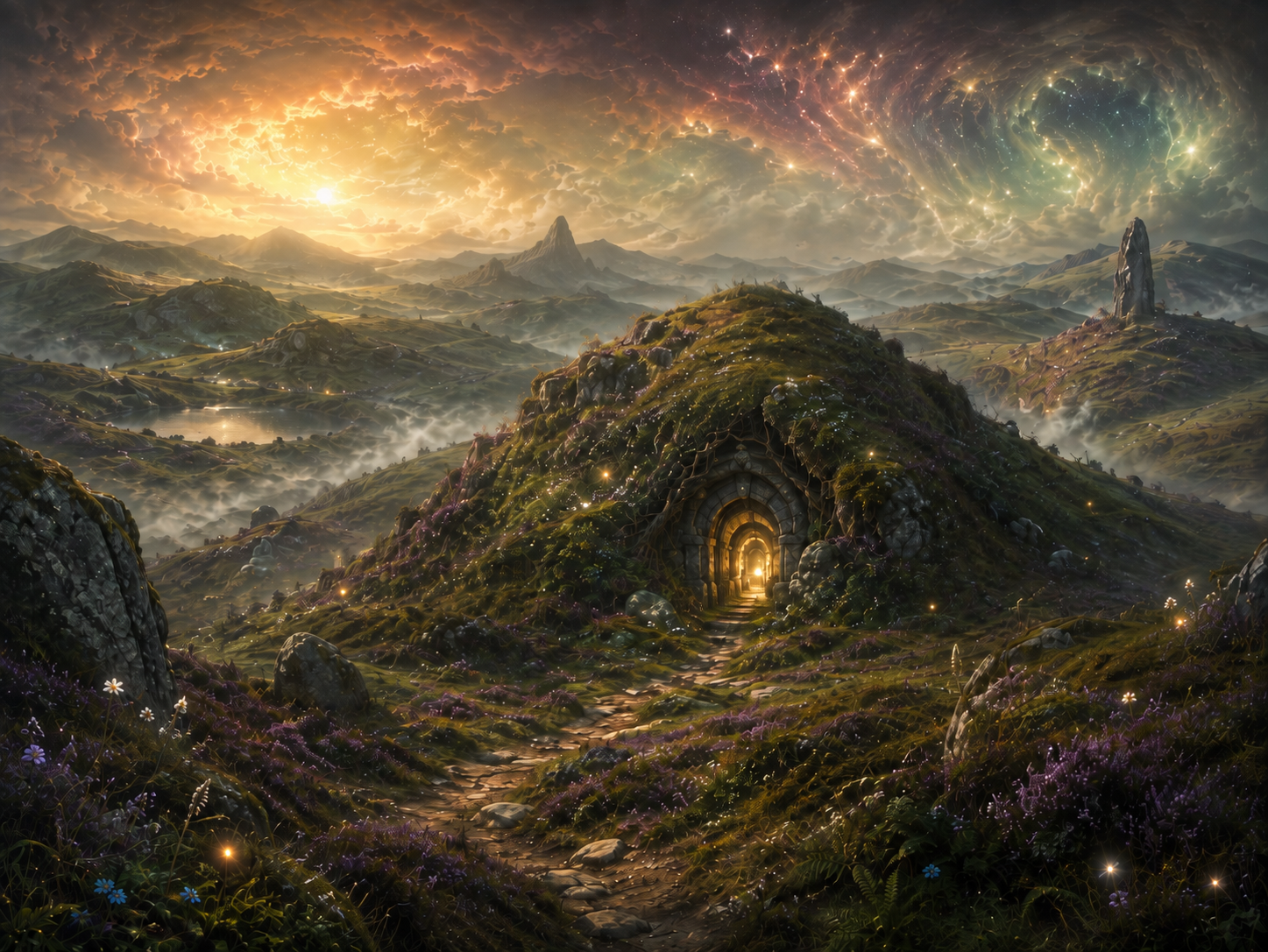 A glowing doorway opens into a hollow hill among the enchanted rolling uplands of the Faerie Hills