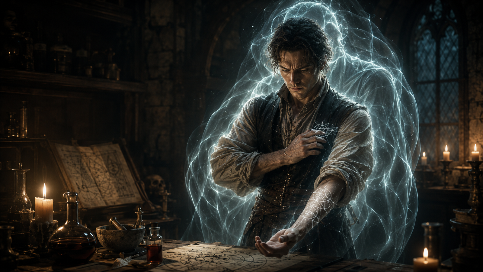 False Life spellcaster surrounded by a spectral shell of borrowed vitality in a candlelit study