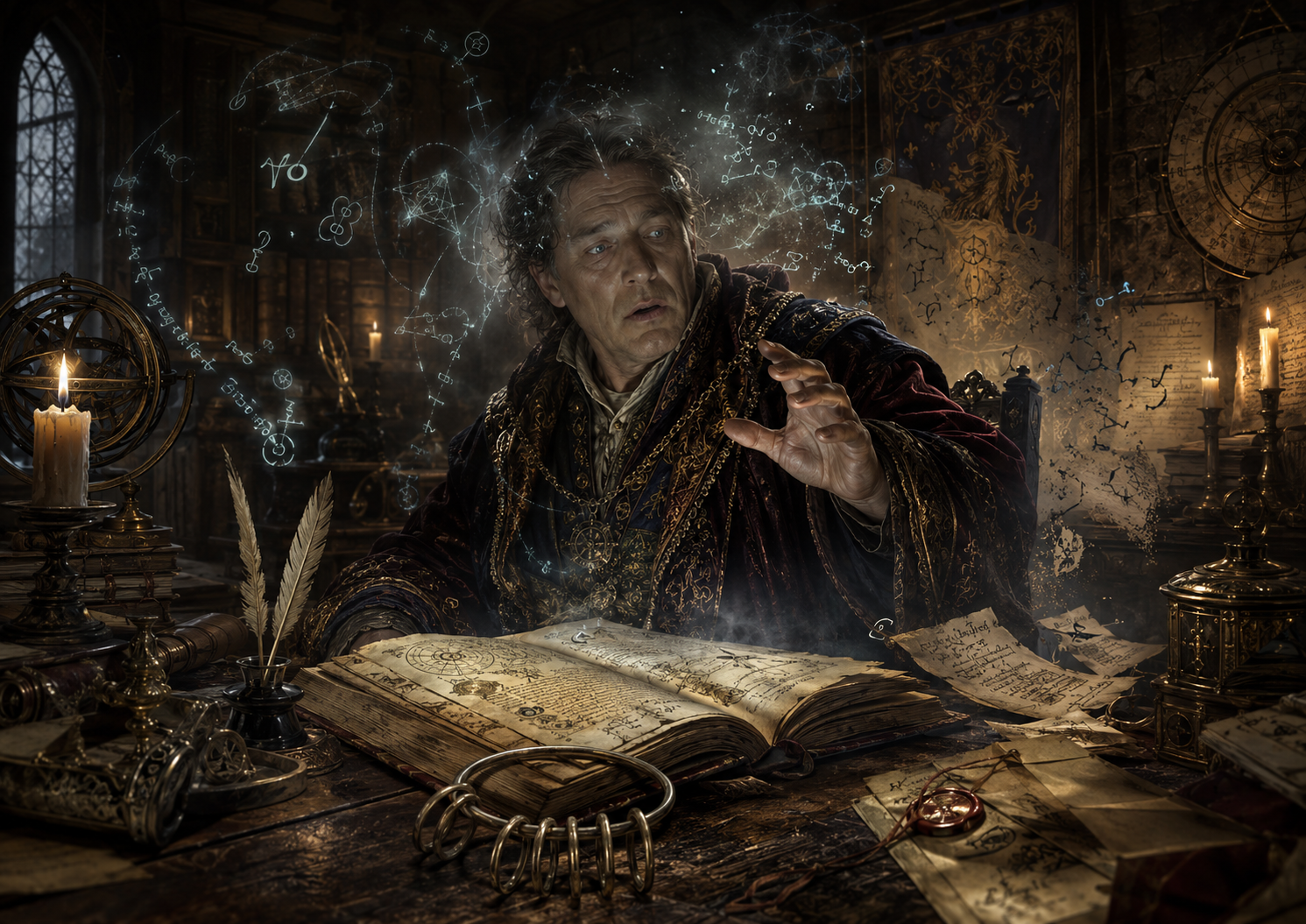 Feeblemind spell illustration showing a court mage losing command of his magical knowledge.