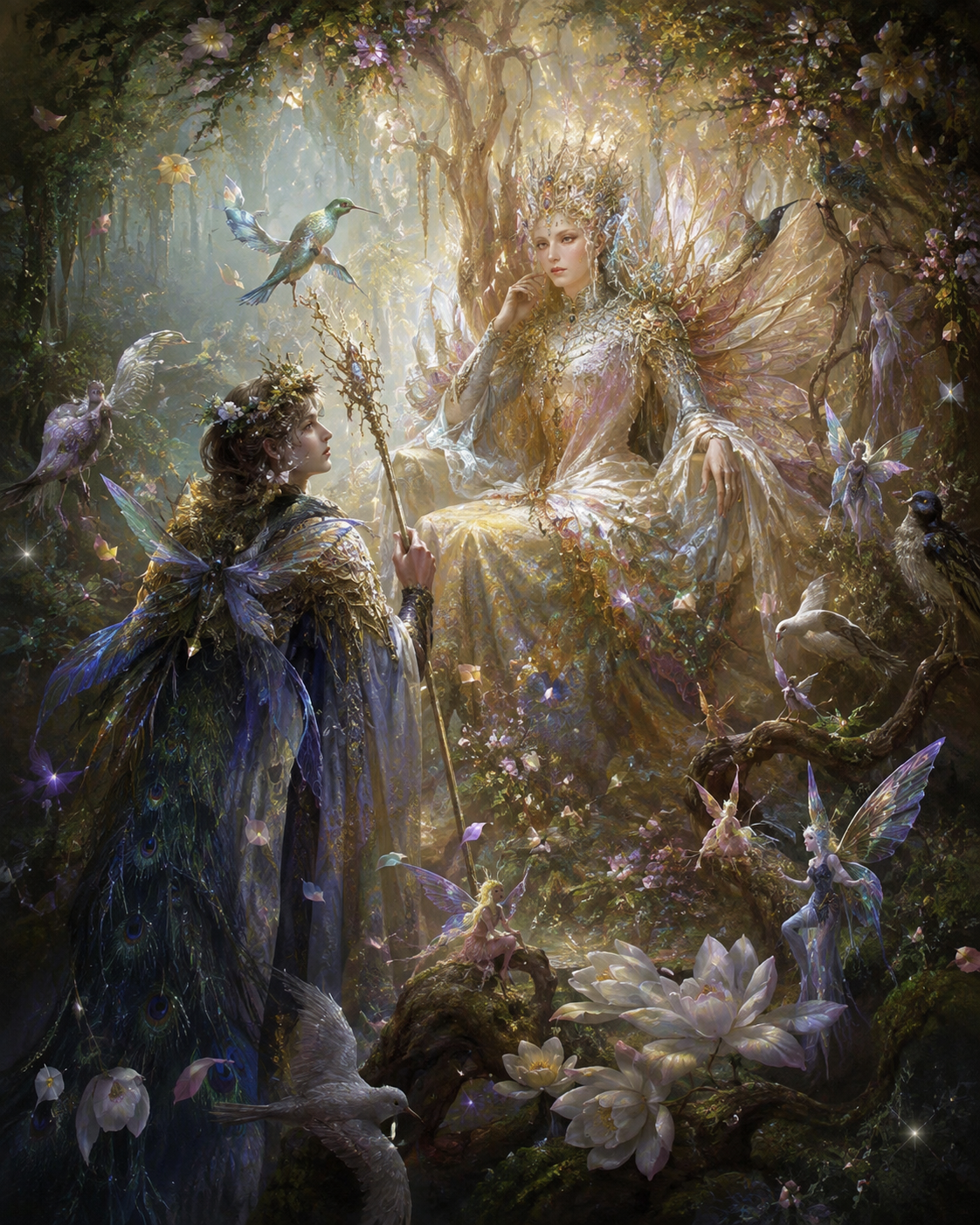 Ancient fey rulers and winged spirits gathered in a luminous court within the mirror realm