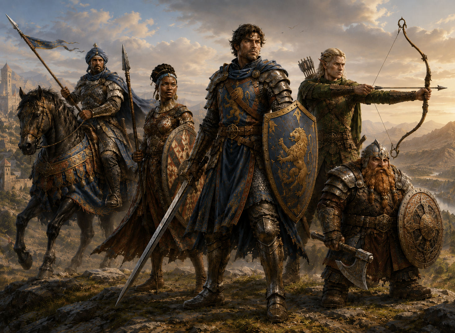 A diverse company of fantasy Fighters representing different martial traditions and peoples