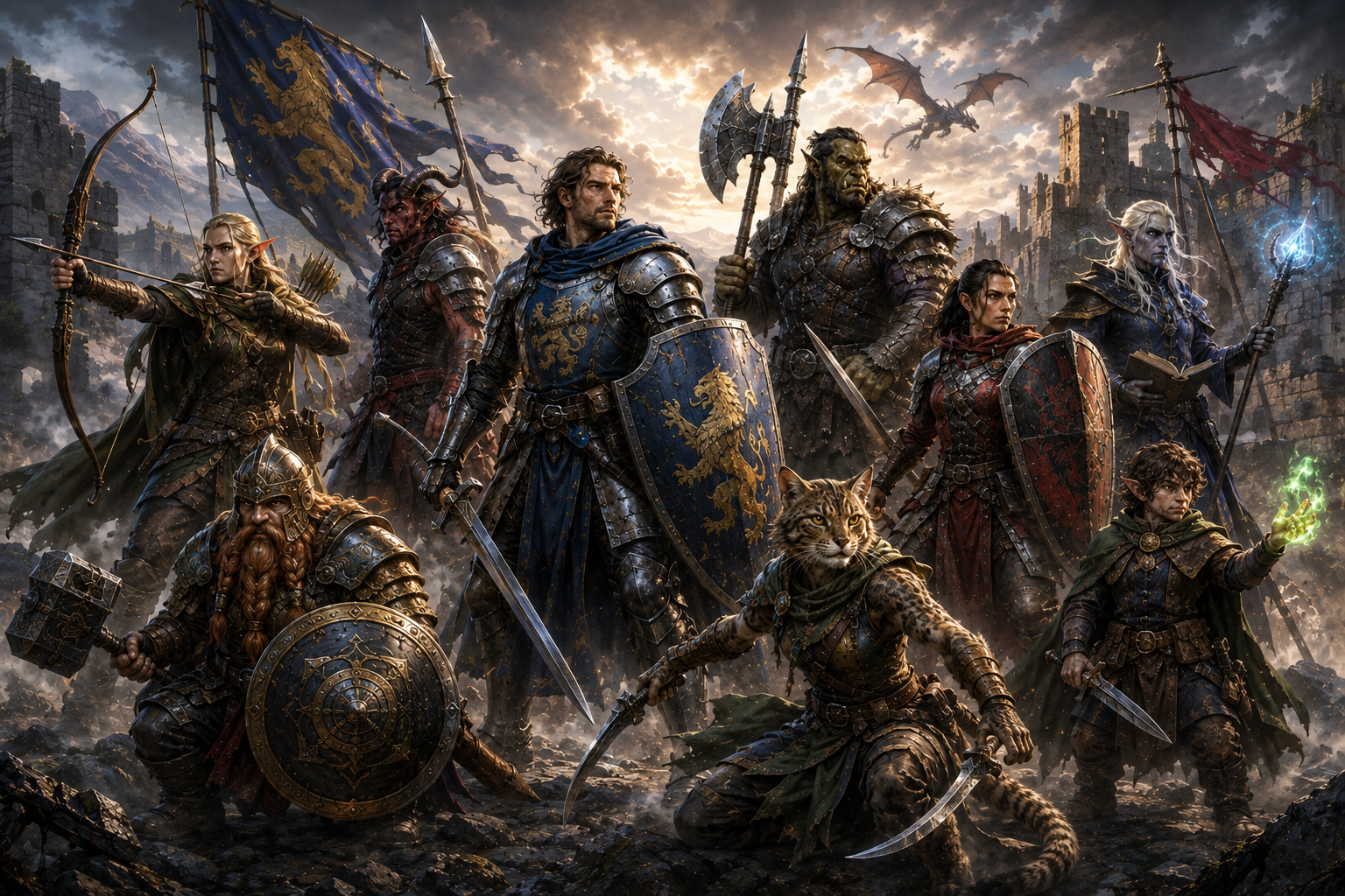 Diverse fantasy Fighters of several peoples carrying bows, swords, axes, shields and polearms