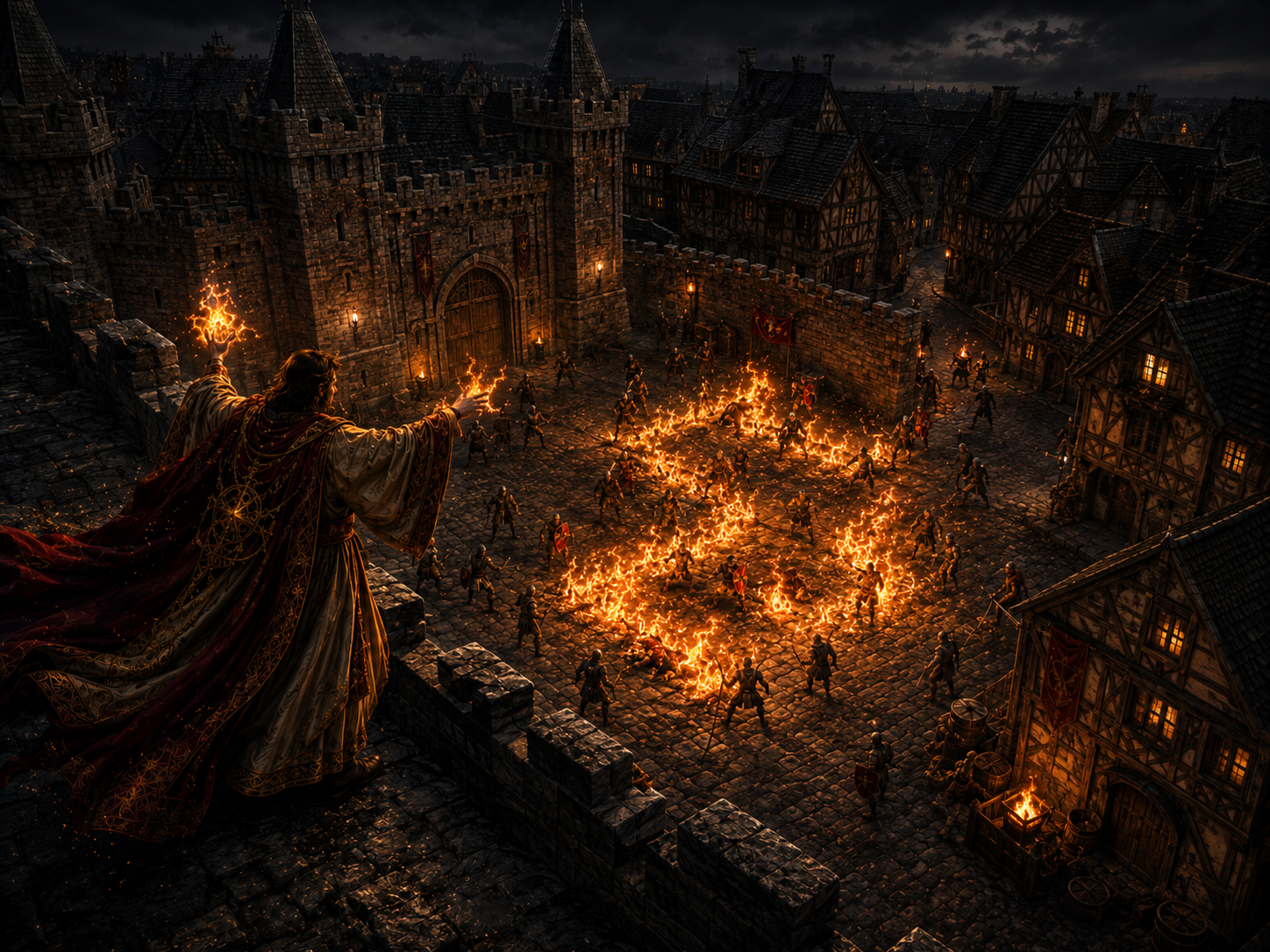 A spellcaster directs a carefully shaped Fire Storm across a confined fortified courtyard while surrounding streets and buildings remain outside the flames.
