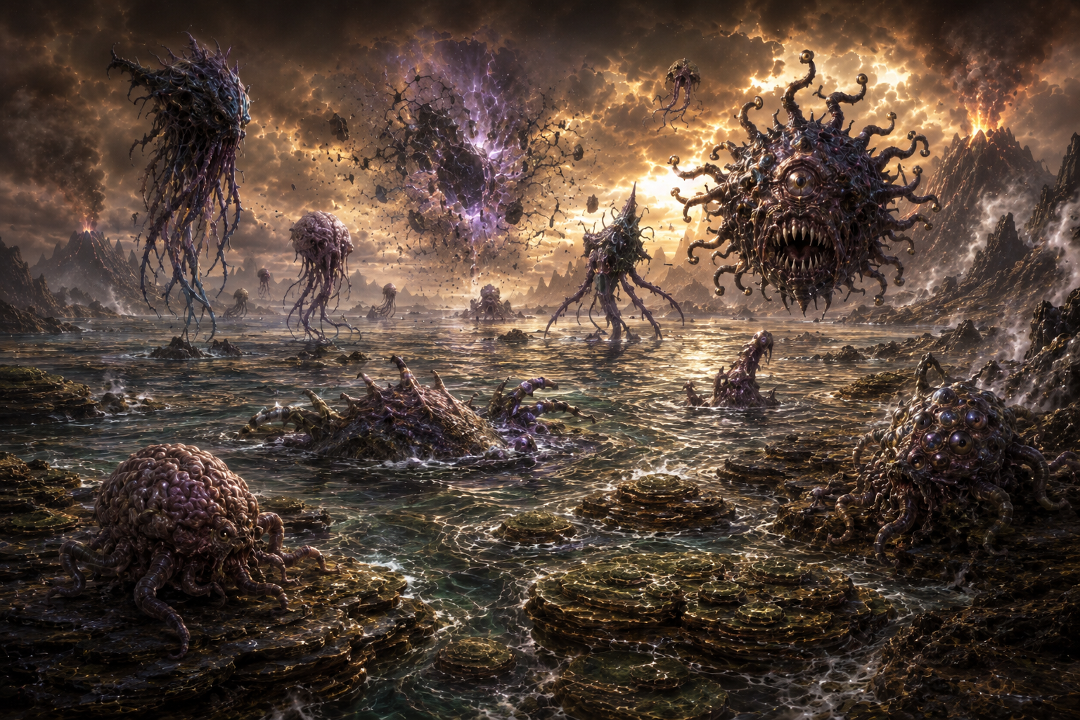 Many-eyed floating aberrations, neural tentacled creatures and other impossible organisms entering an Archean volcanic sea among stromatolite shallows