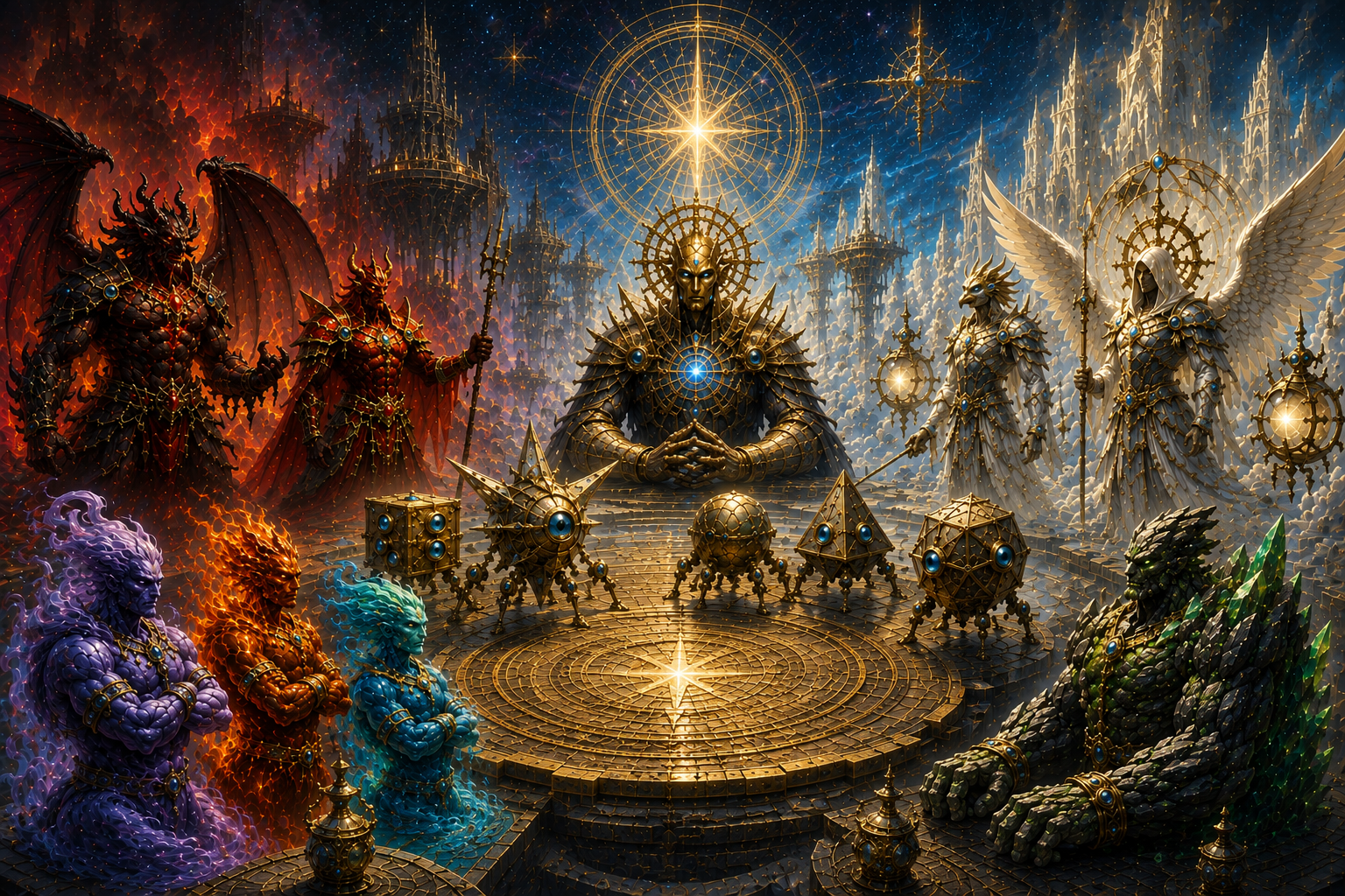 Infernal celestial modron and elemental emissaries meeting around an ancient planar council