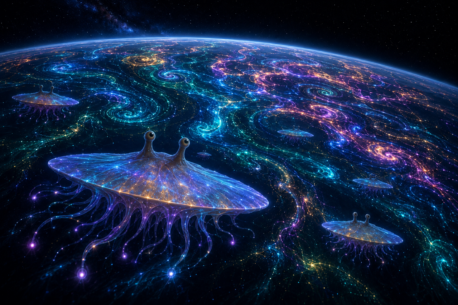 Flumphs above primordial oceans while immense multicoloured patterns of bioluminescent and psionic light spread through the seas as language