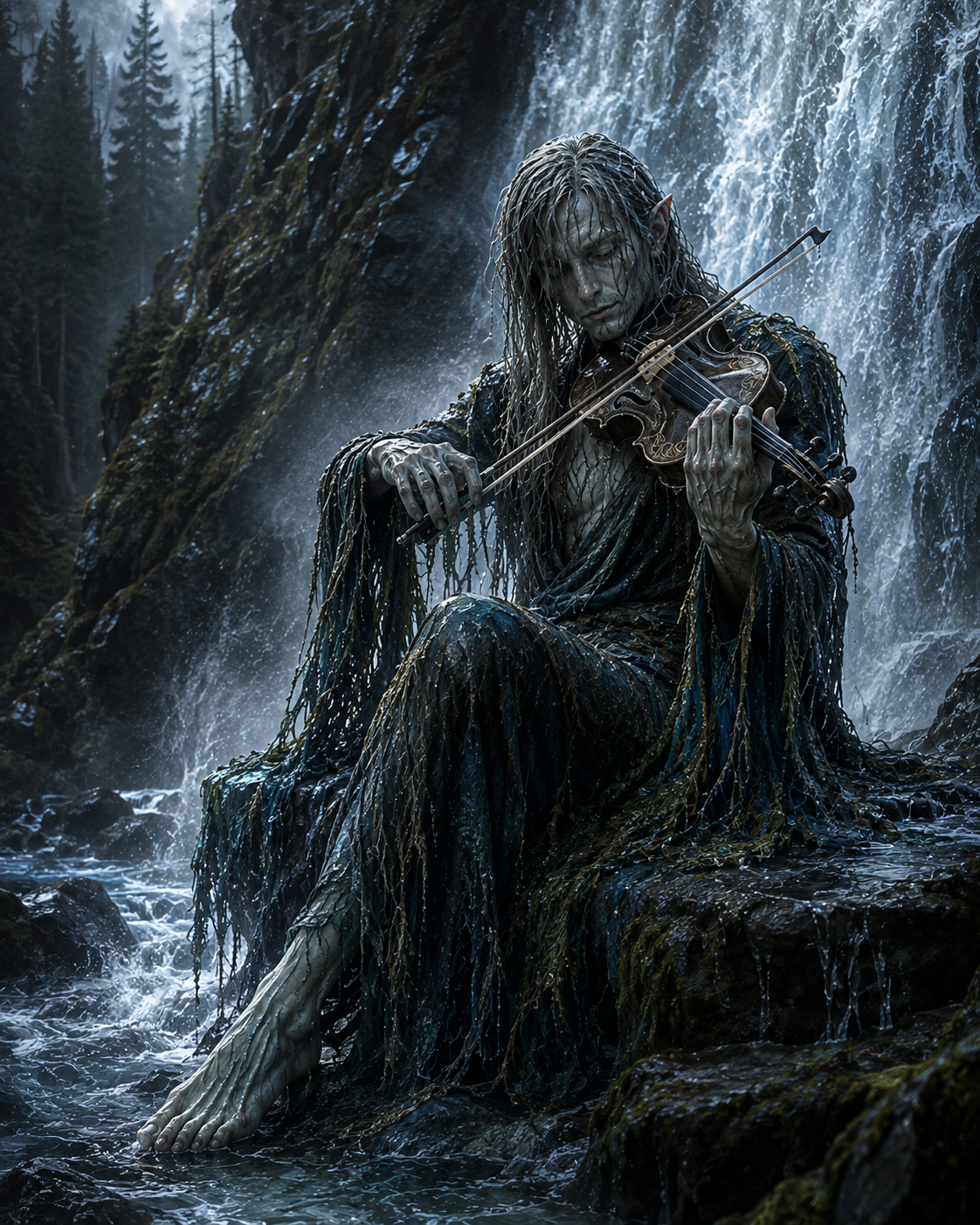 Fossegrim, the supernatural Norwegian waterfall fiddler, playing beside a roaring forest cascade
