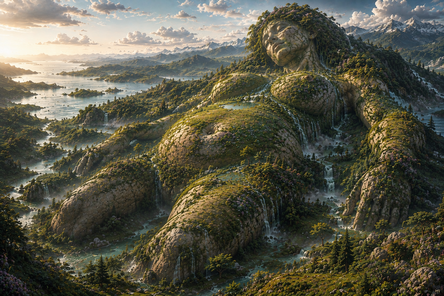 Gaia embodied as the living landscape of Pelion with mountains, forests, rivers and waterfalls forming her immense divine body