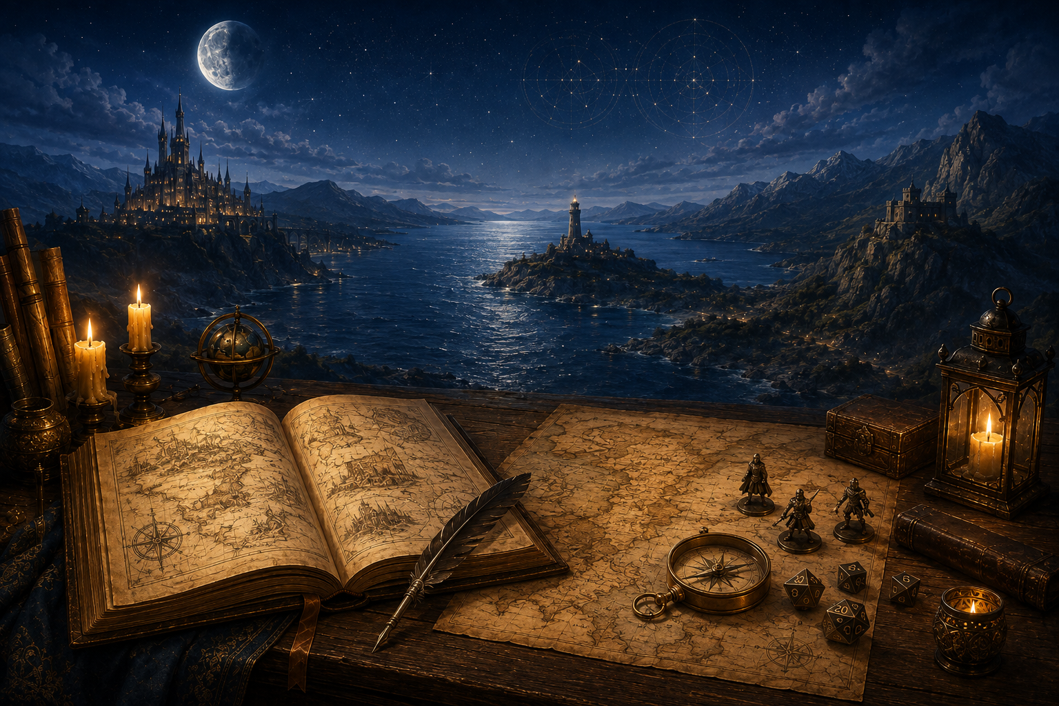 Candlelit Games Master table overlooking a moonlit mythic world, with maps, an open chronicle, dice, miniatures and a compass.