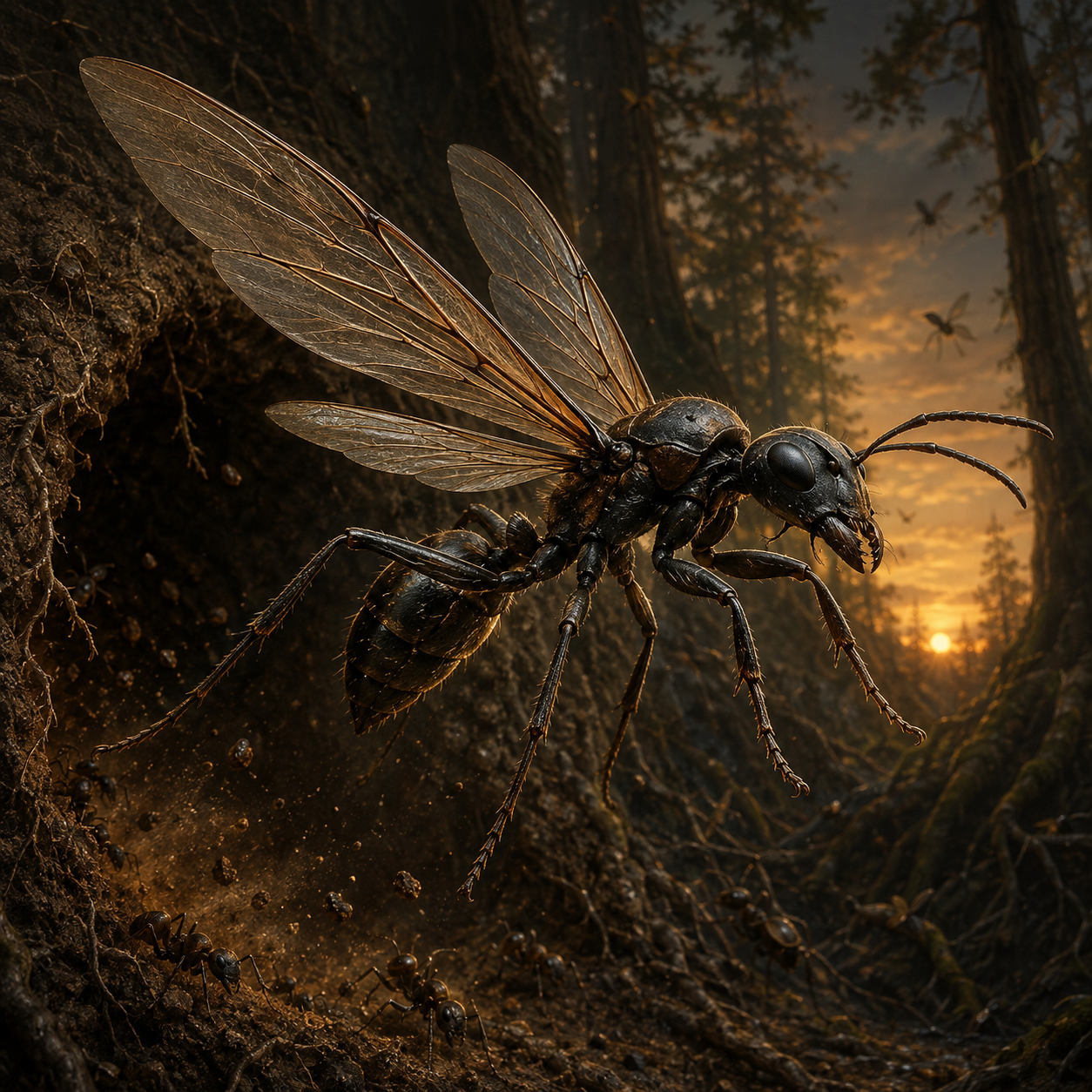 Giant Ant Drone taking flight from a forest colony at sunset