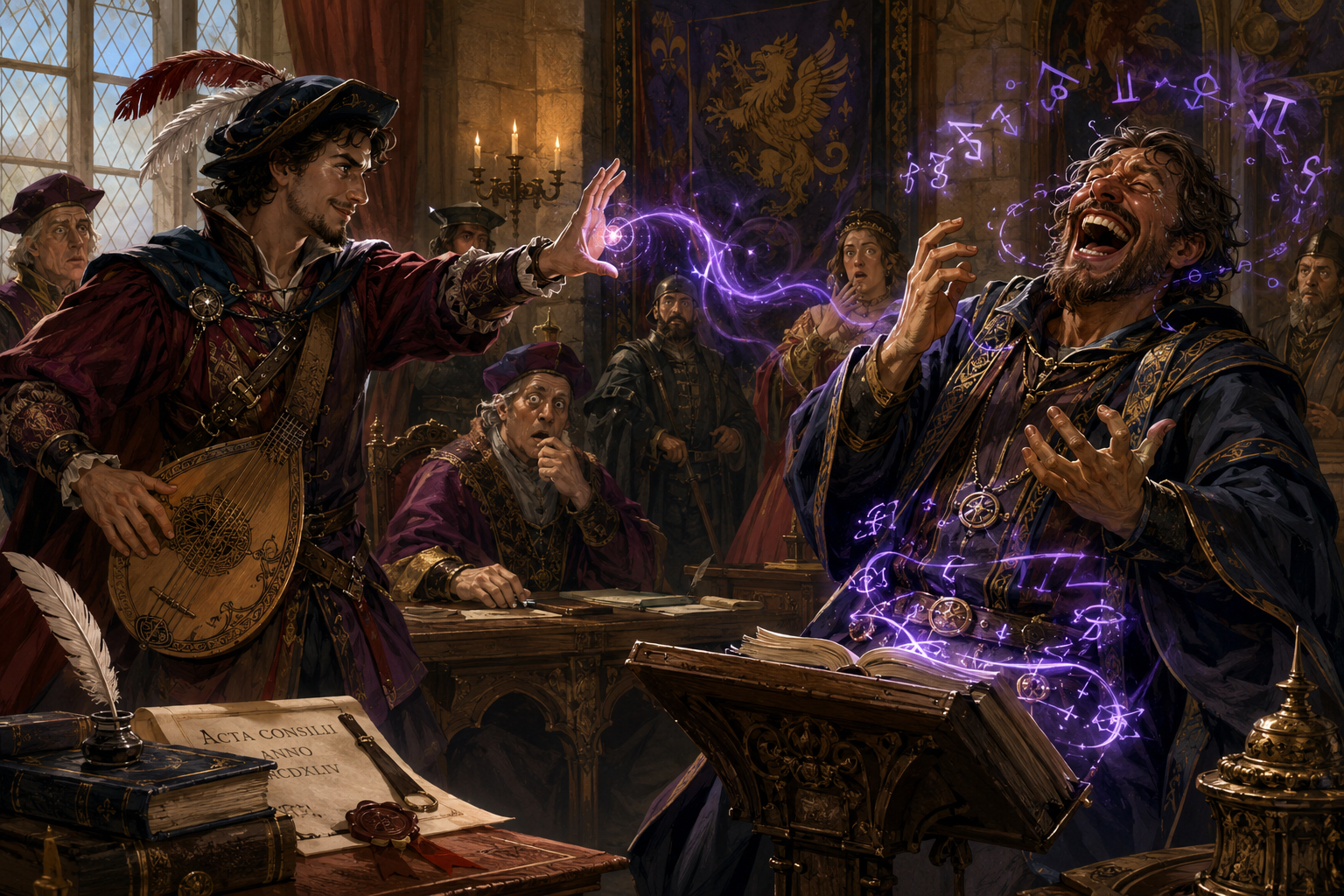 Bard casting Giggle to interrupt a rival mage's spoken incantation in a 1454 court