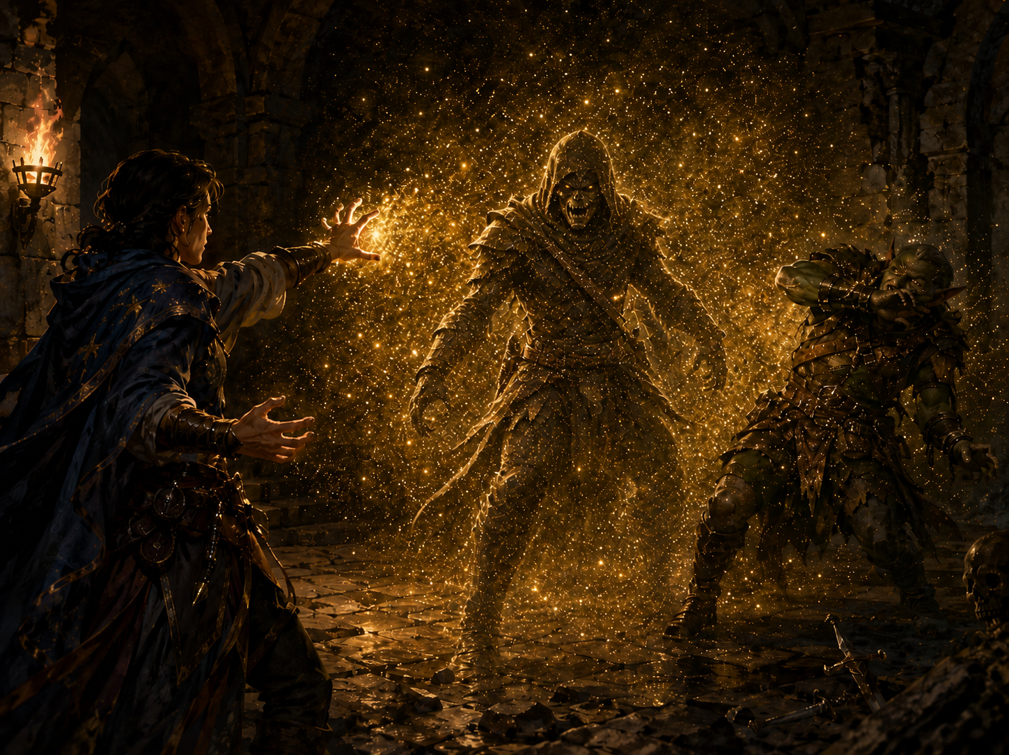 A spellcaster fills a dark dungeon with golden glitterdust, revealing a sinister invisible creature while another enemy shields its eyes.