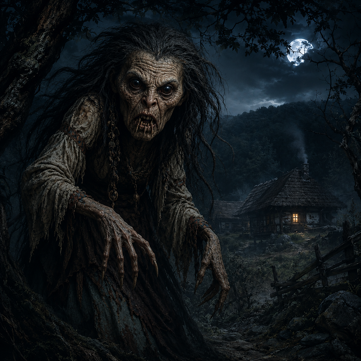 Gorska Makva or Gorska Majka, the Bulgarian Forest Mother nightmare spirit, stalking a moonlit woodland beside a rural household