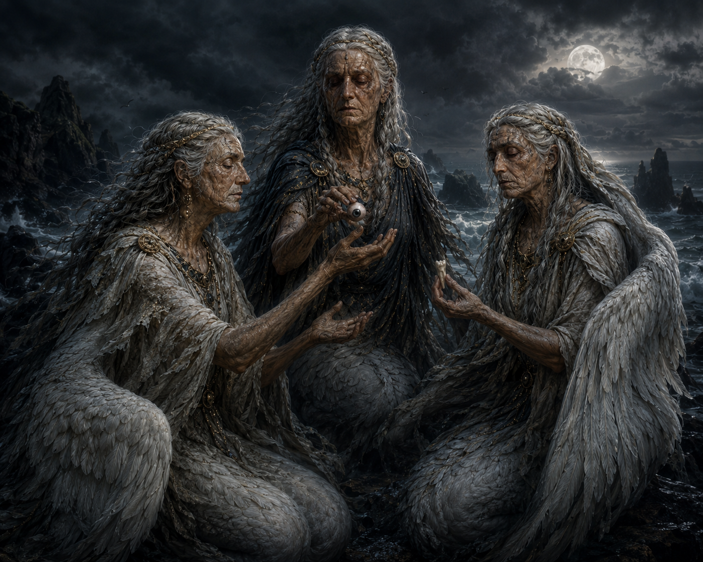 The Graeae, Deino, Enyo and Pemphredo, sharing their single eye and tooth at Cisthene