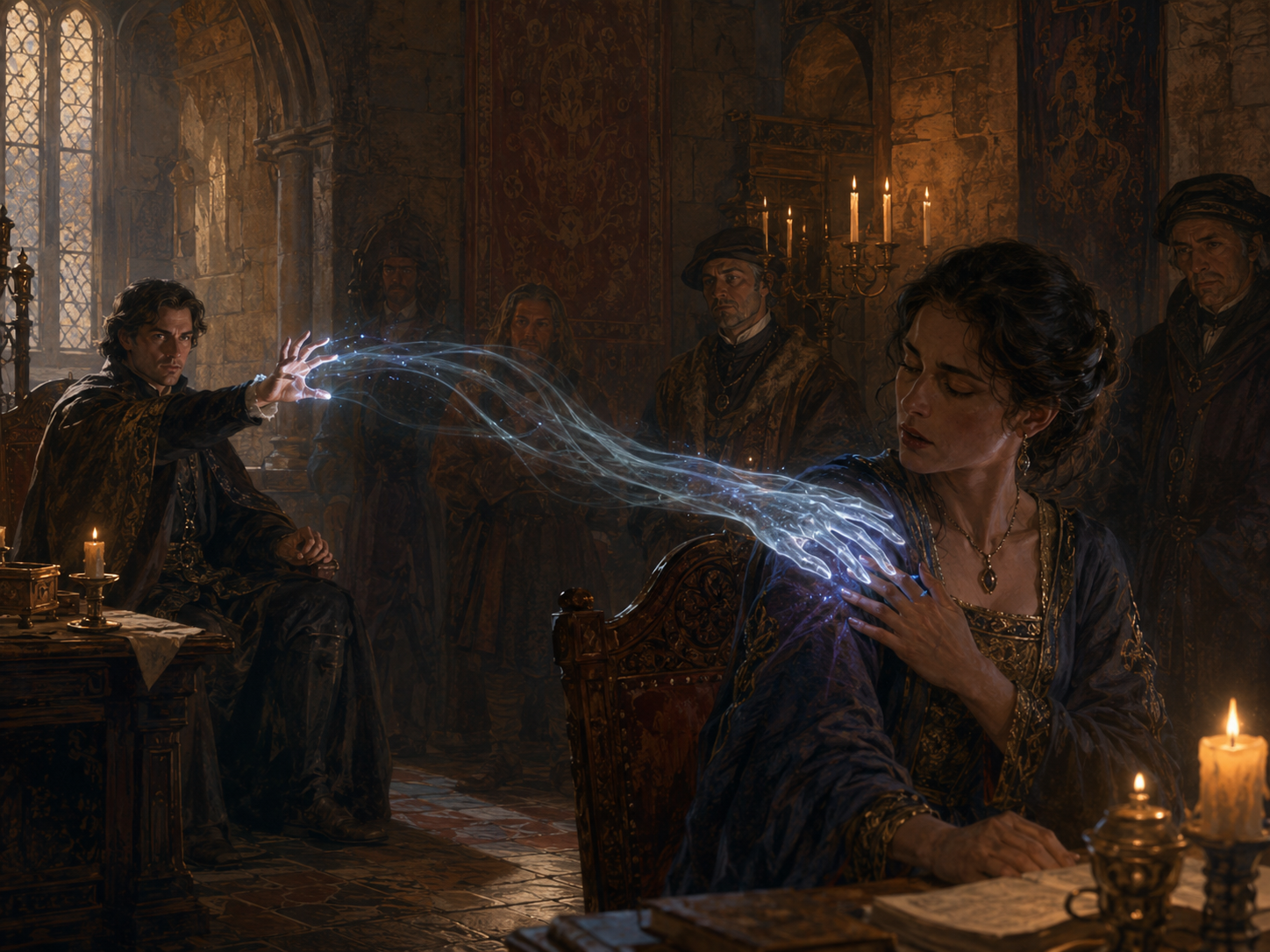 Grope spell creating a distant magical touch across a 1454 court chamber