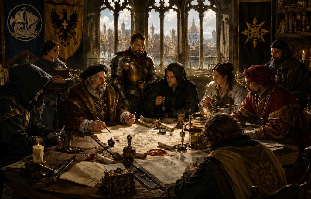 Guilds, factions and organisations in 1454 — merchants, soldiers, scholars and secretive agents bargaining over maps, ledgers and seals in a council chamber