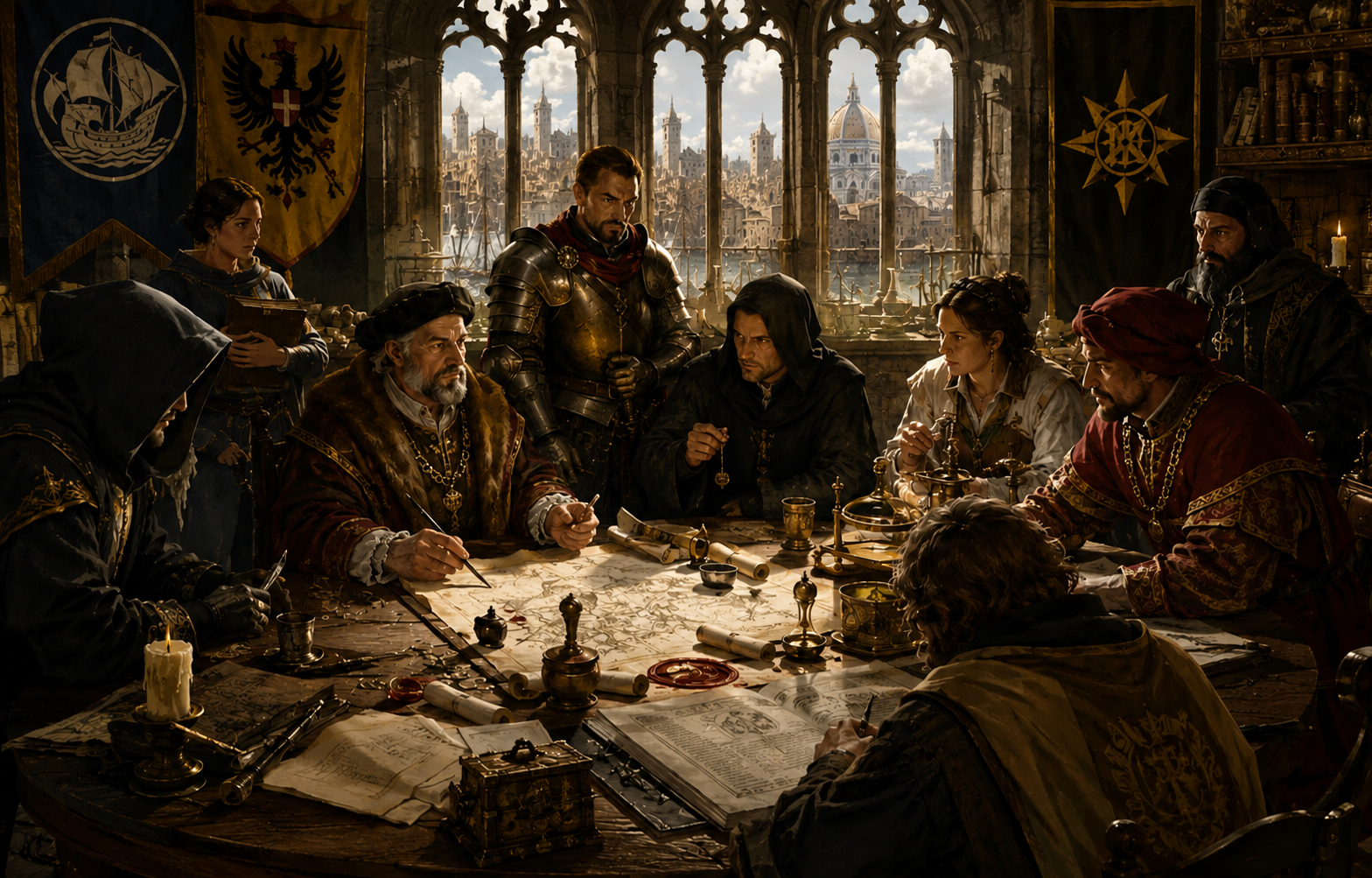 Guilds, factions and organisations in 1454 — merchants, soldiers, scholars and secretive agents bargaining over maps, ledgers and seals in a council chamber