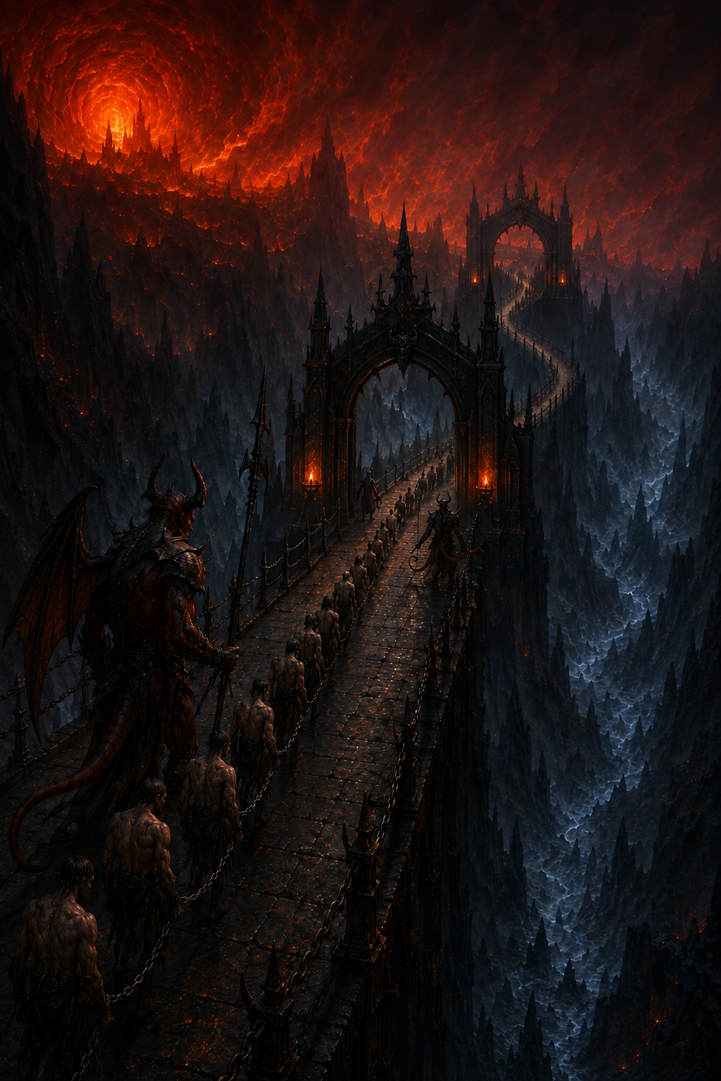 Chained travellers descending through guarded infernal gates and causeways into deeper Perditions