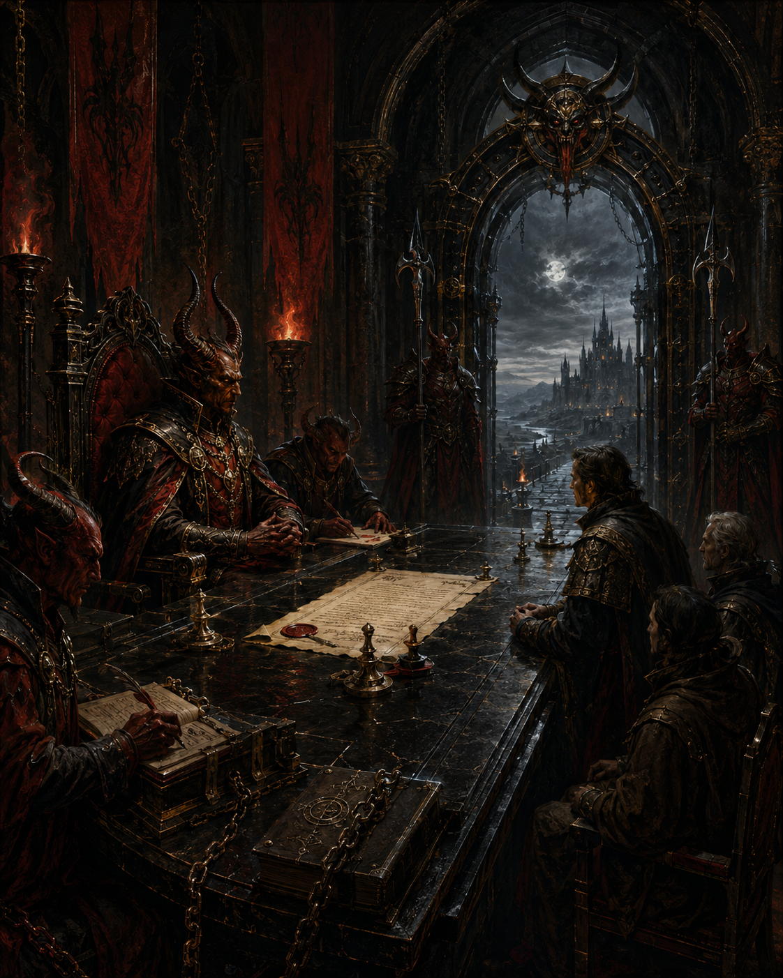 Mortal negotiators confronting infernal officials during the making of a contract beside a guarded planar gate
