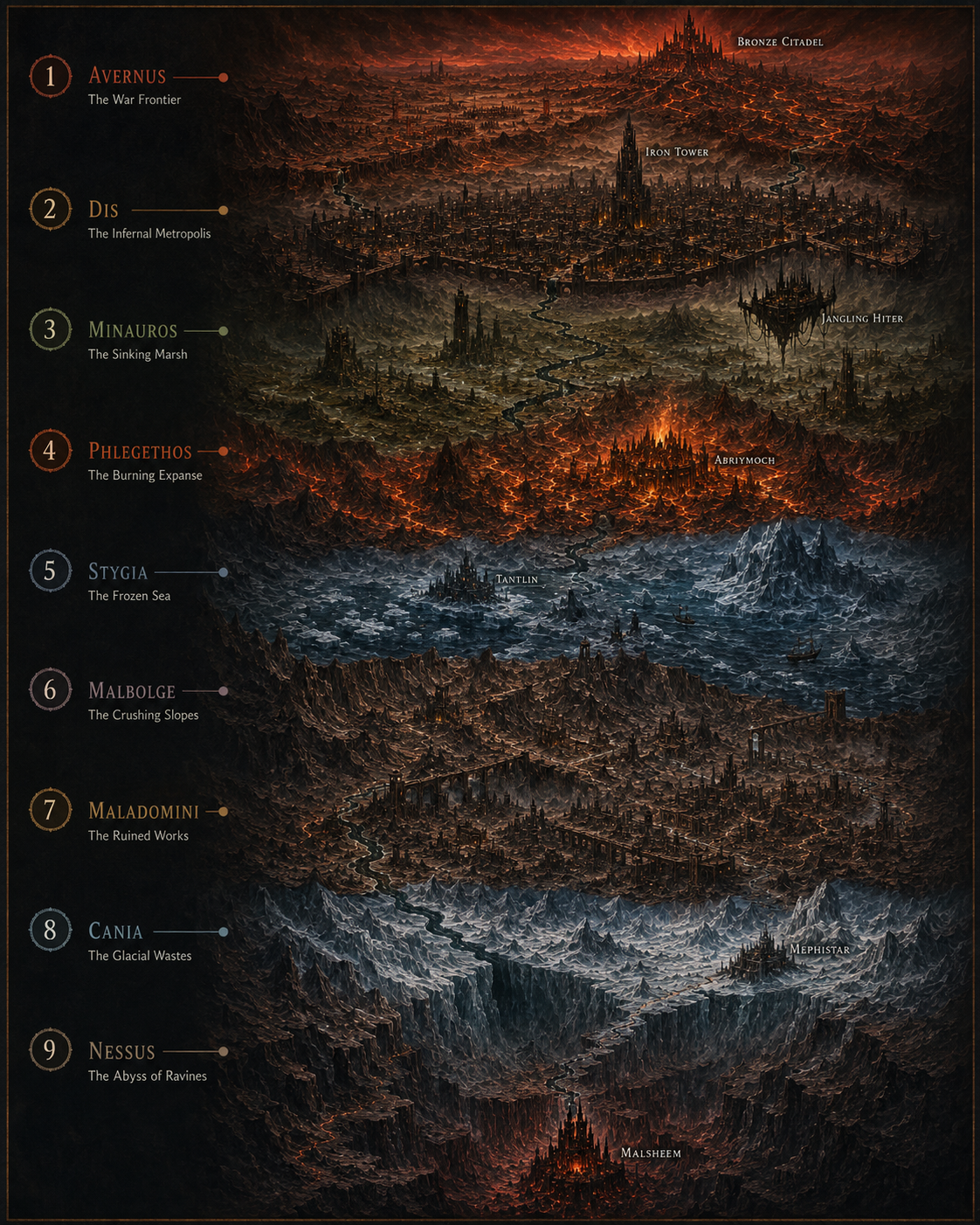 Illustrated infernal atlas showing the Nine Perditions of Hell from Avernus to Nessus