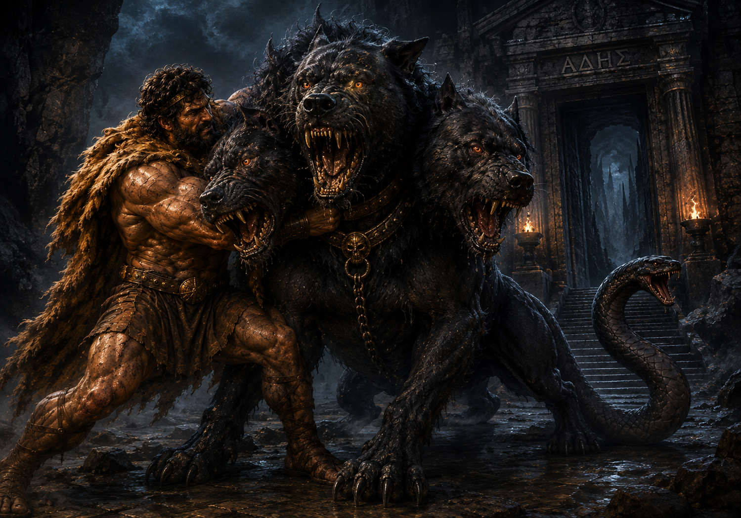 Heracles wrestling the three-headed Cerberus at the gate of the Underworld