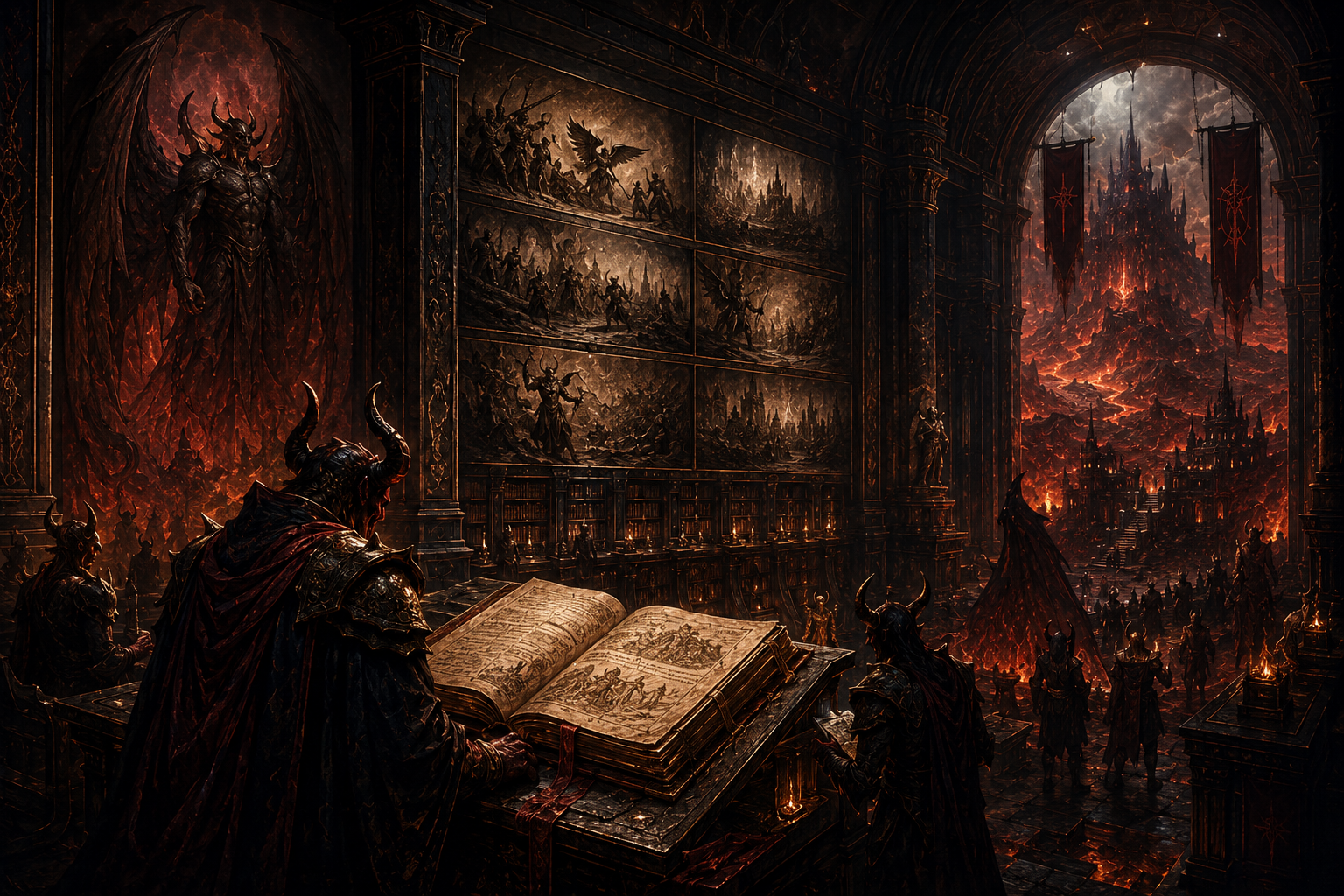 History of Hell — infernal archivists studying ancient records in a monumental black-stone archive overlooking an infernal citadel.