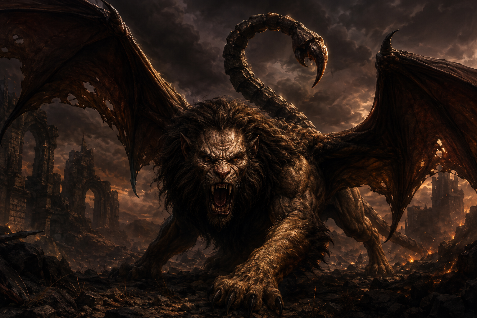 A dark winged manticore advancing through ruined stonework beneath storm clouds