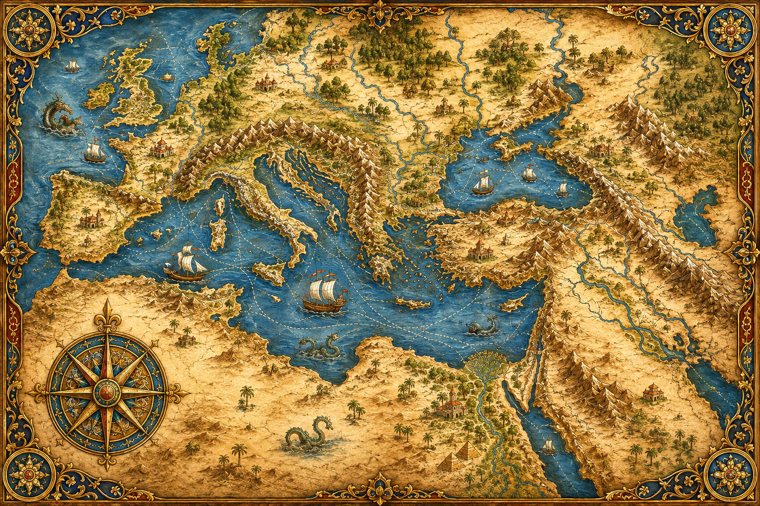 Illustrated fantasy atlas of Europe, the Mediterranean, North Africa and western Asia