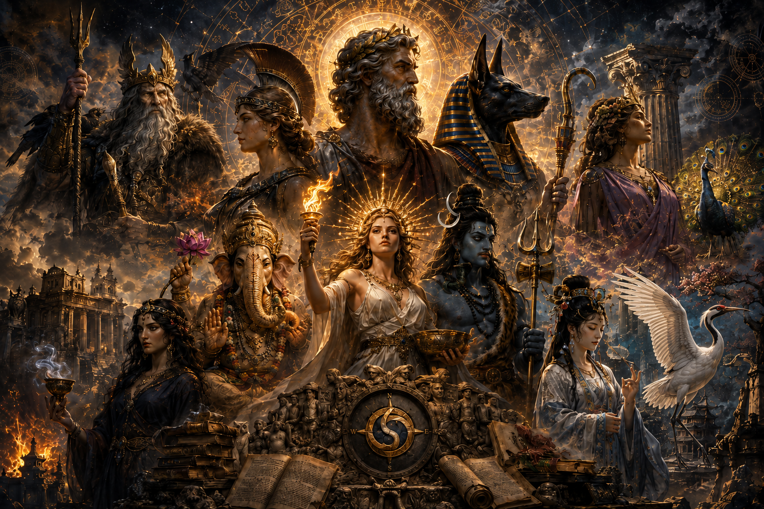 Mythic deities from several pantheons gathered around a golden celestial diagram