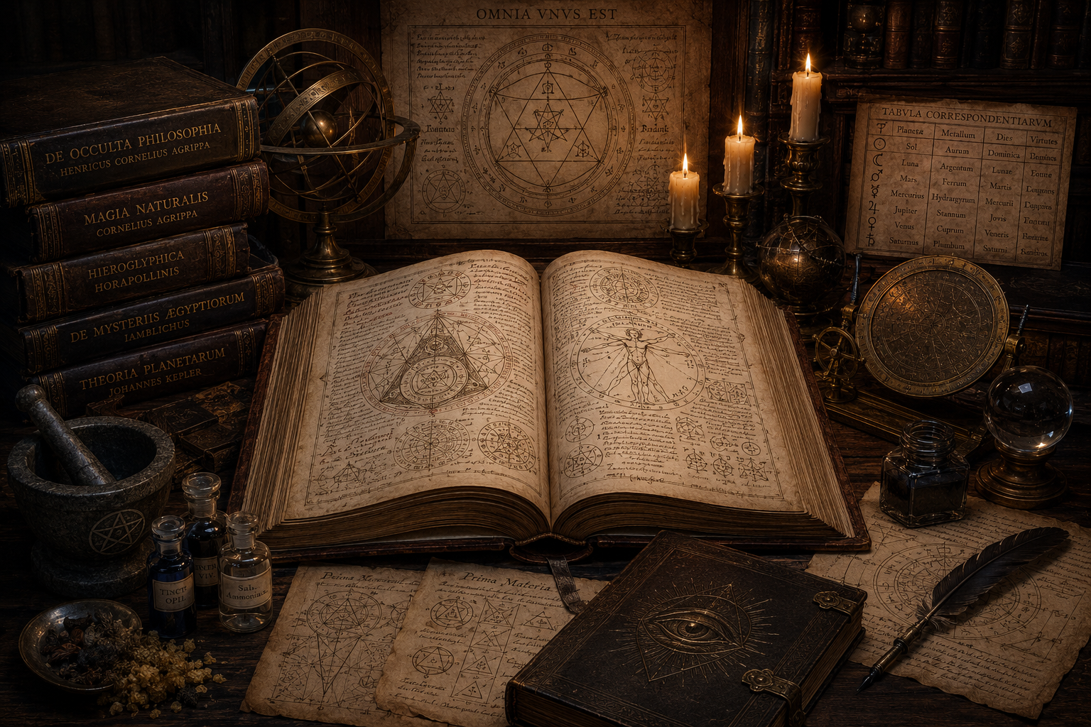 An open grimoire surrounded by occult diagrams, astrolabes, candles and alchemical tools