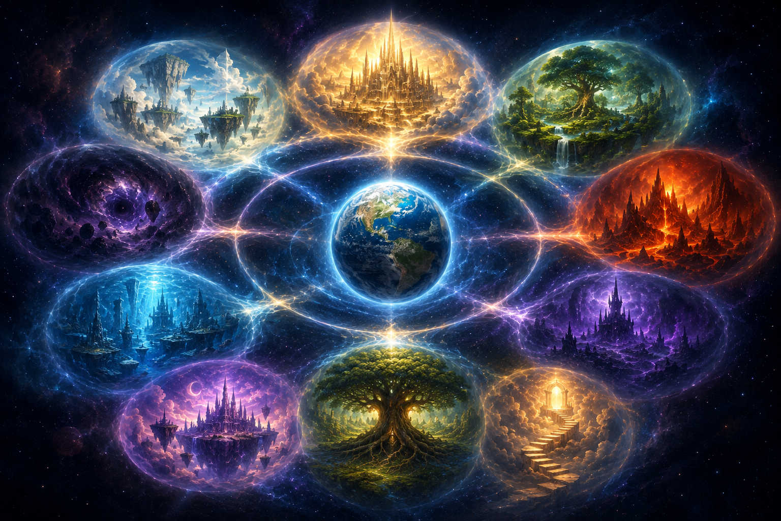 Earth surrounded by interconnected fantastical planes in a cosmic diagram