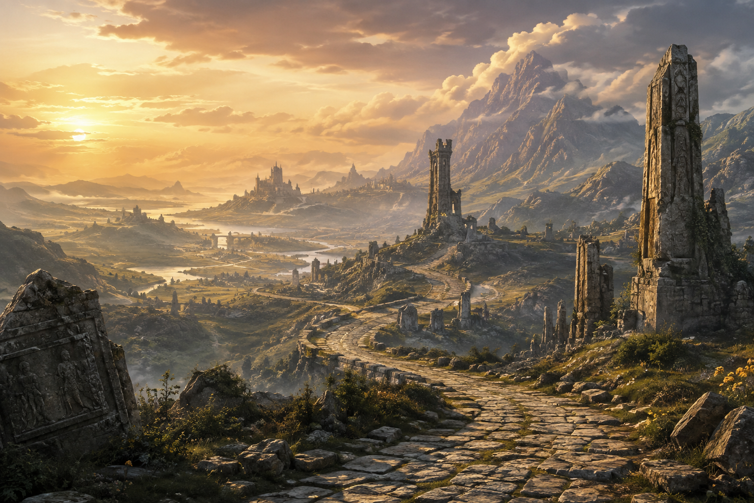 Ancient road through ruined monuments toward a distant city beneath a mountain range