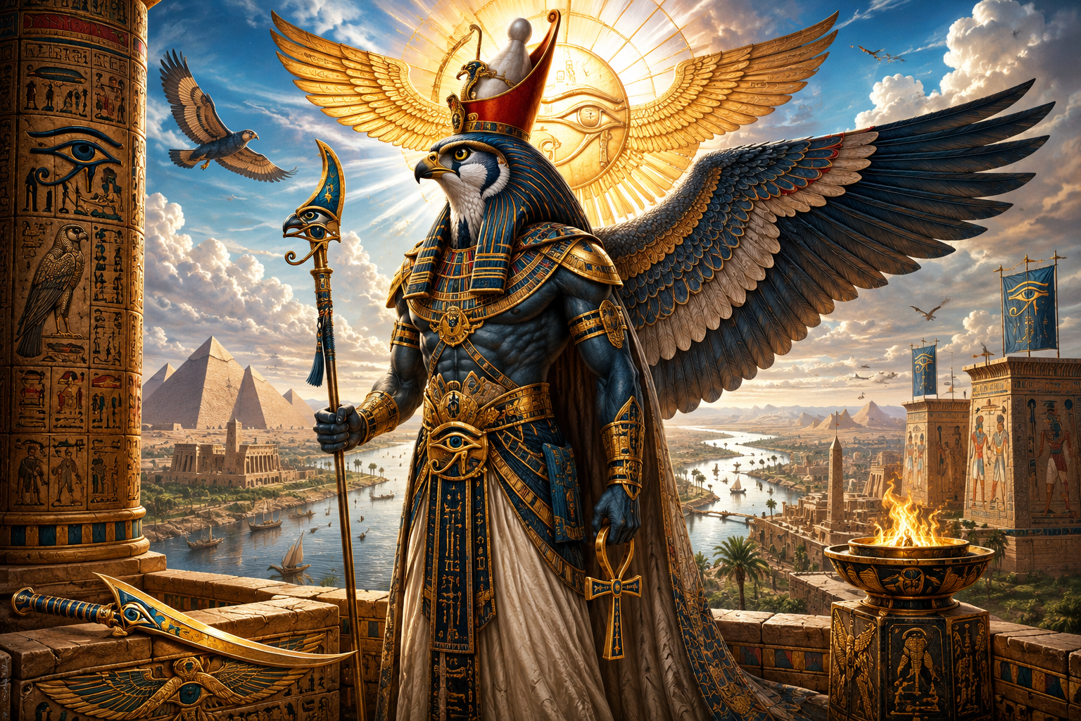 Horus, falcon god of kingship and the sky, overlooking Kemet