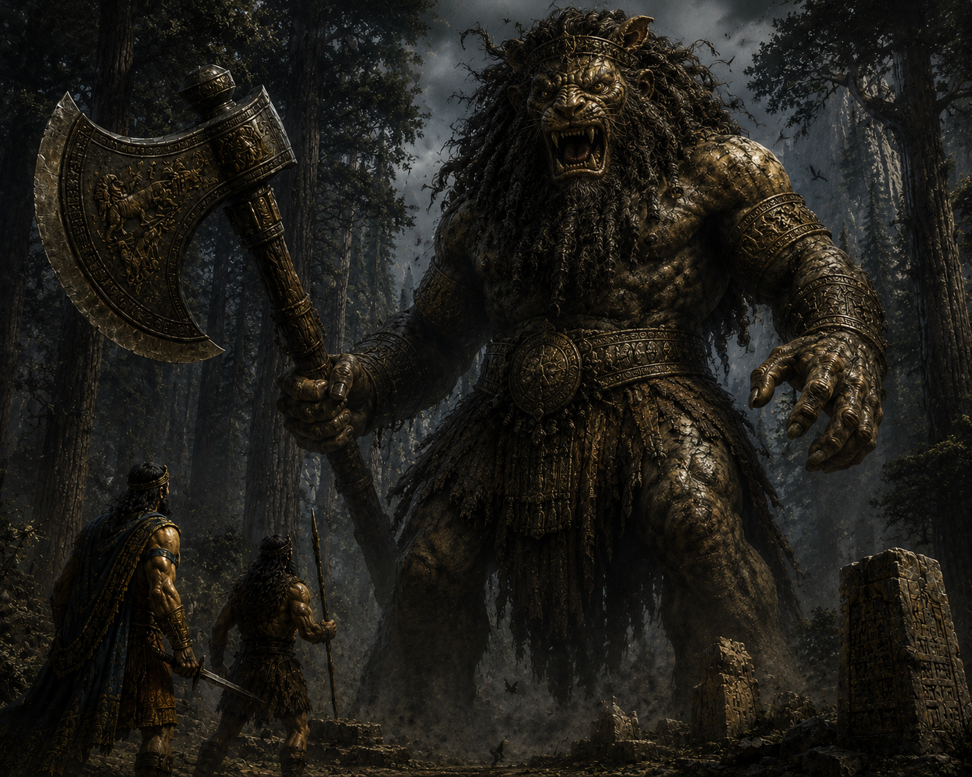 Humbaba, ancient guardian of the Cedar Forest, wielding a colossal bronze axe