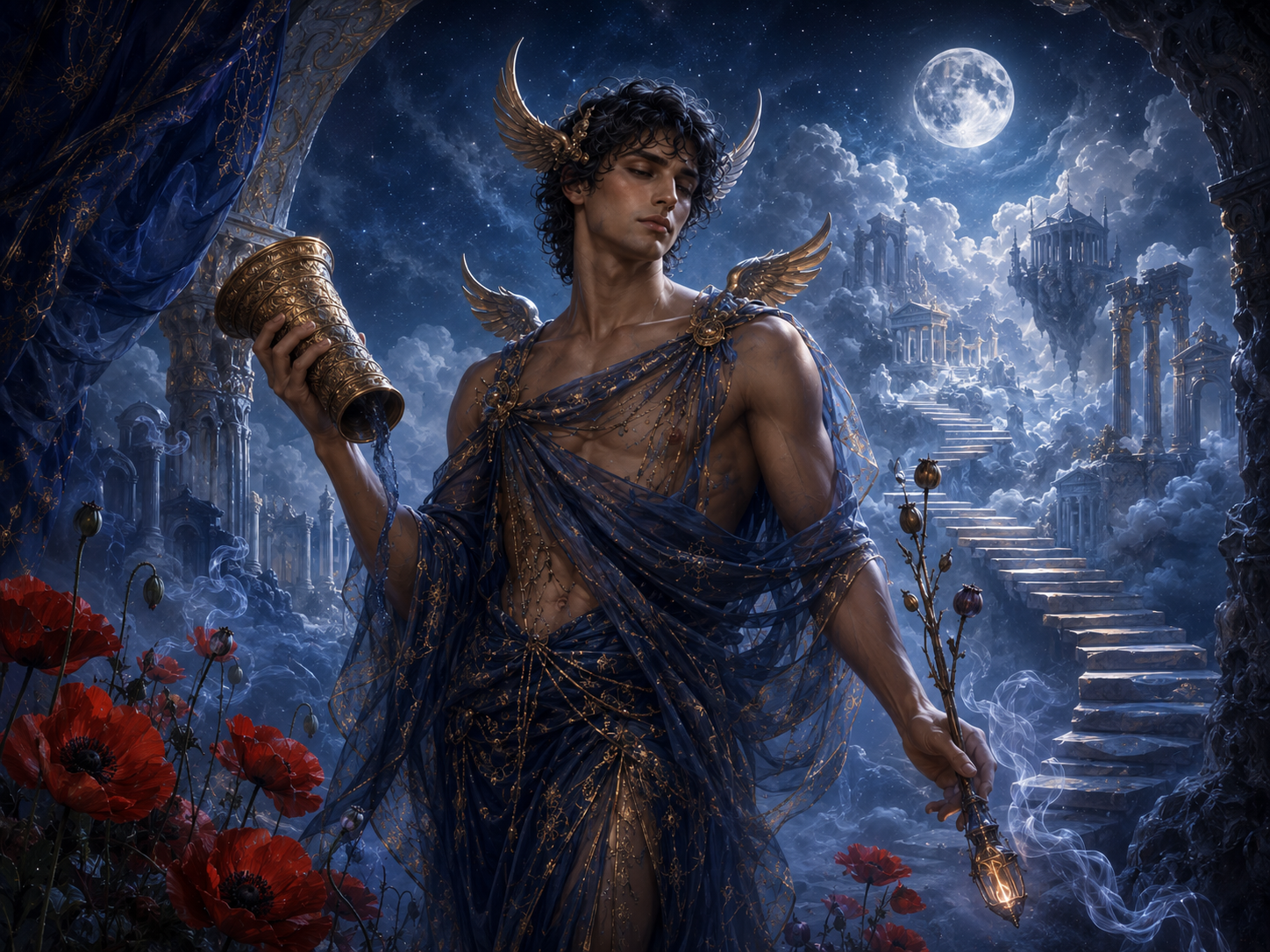 Hypnos, Hellenic god of sleep, at the threshold of Oneirion