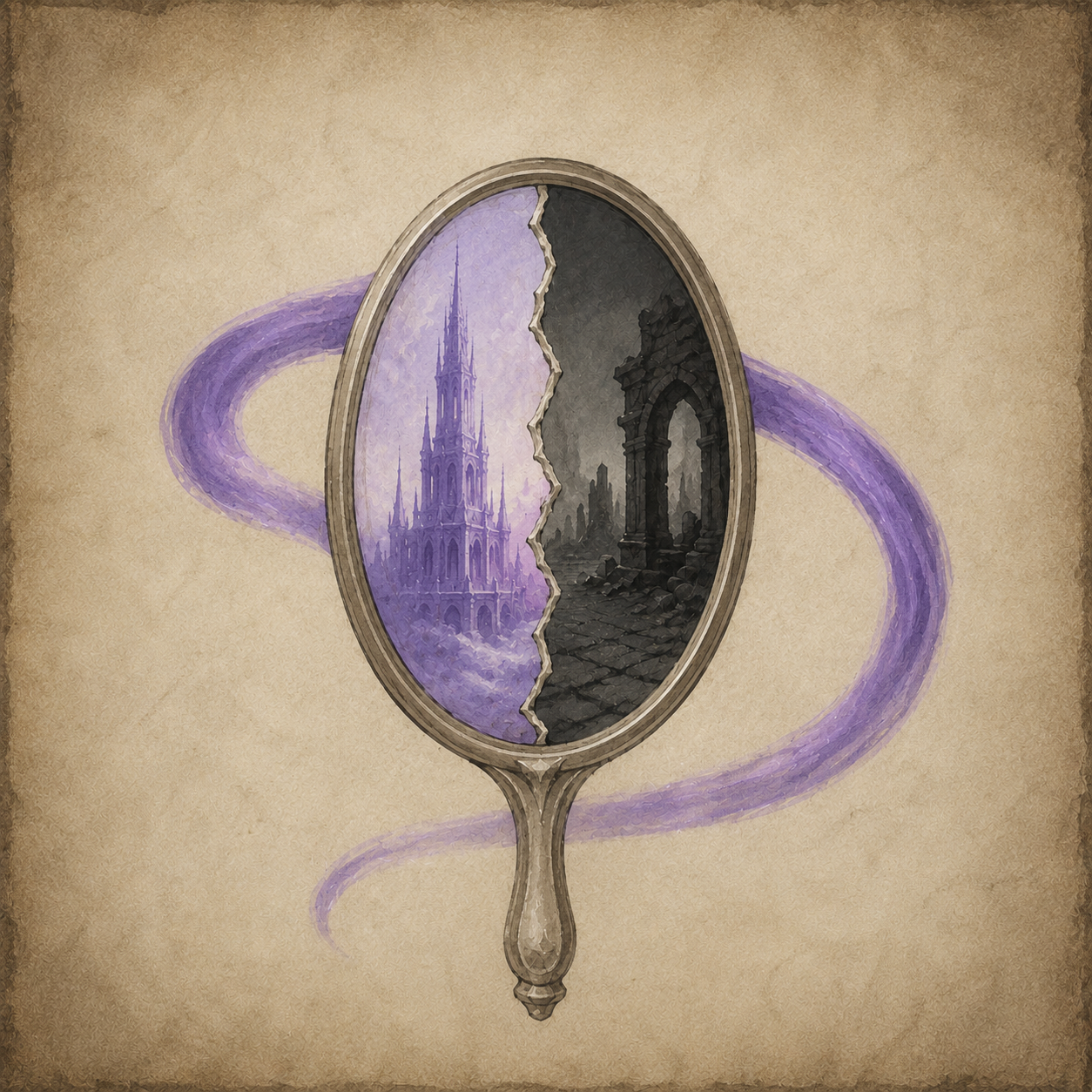 Illusion school sigil depicting a fractured mirror divided between a violet tower and a ruined realm