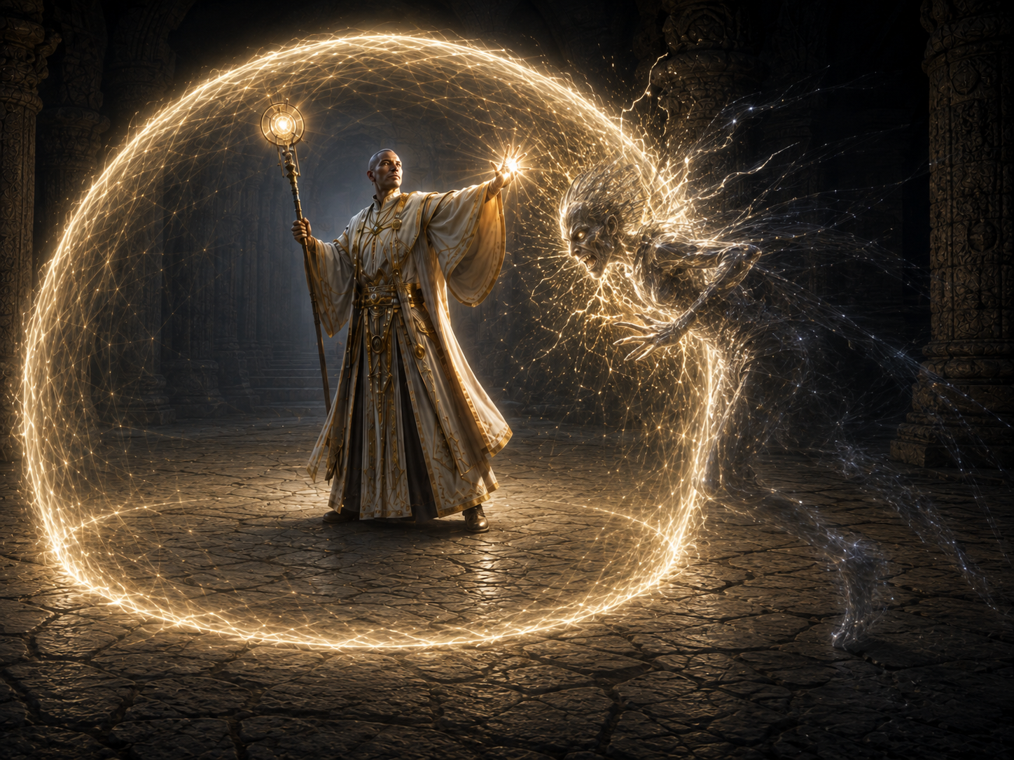 A cleric casts Invisibility Purge as an evil invisible supernatural creature becomes visible where it crosses the glowing boundary