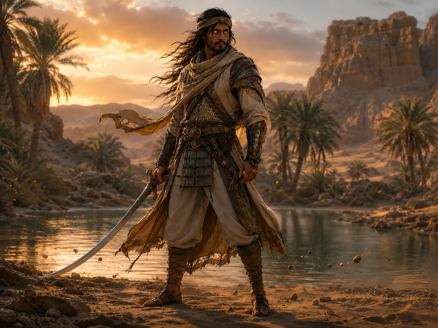 Janni four-element genie standing beside a desert oasis at sunset