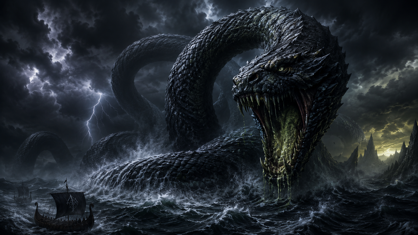 Jörmungandr, the immense World Serpent, rising from the storm-dark ocean around Midgard